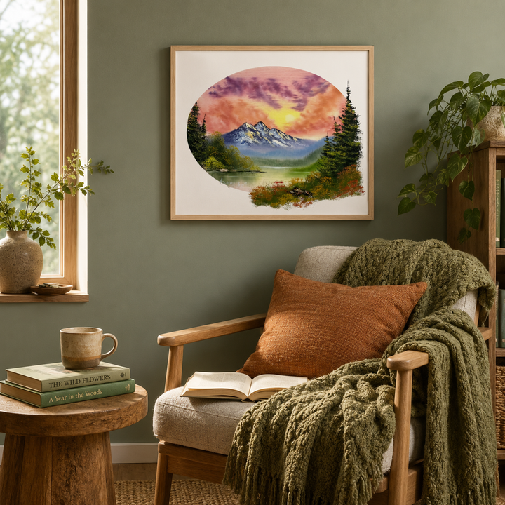 oval scene sunset over the mountain - fine art print displayed in a reading corner over a chair with orange cushion and olive green blanket