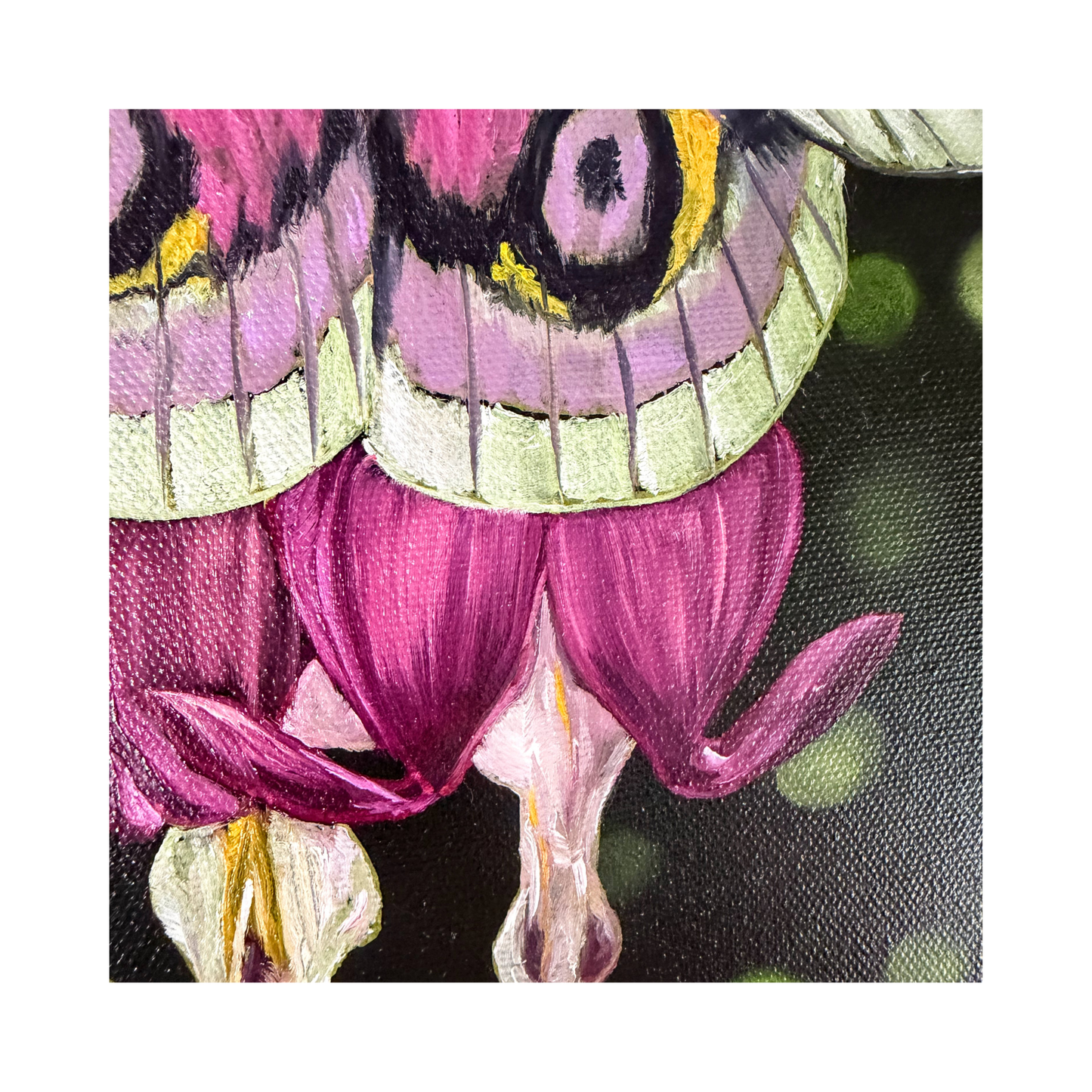 Original oil painting of a white and pink moth on a 12" round canvas - detail view of the bleeding hearts flowers