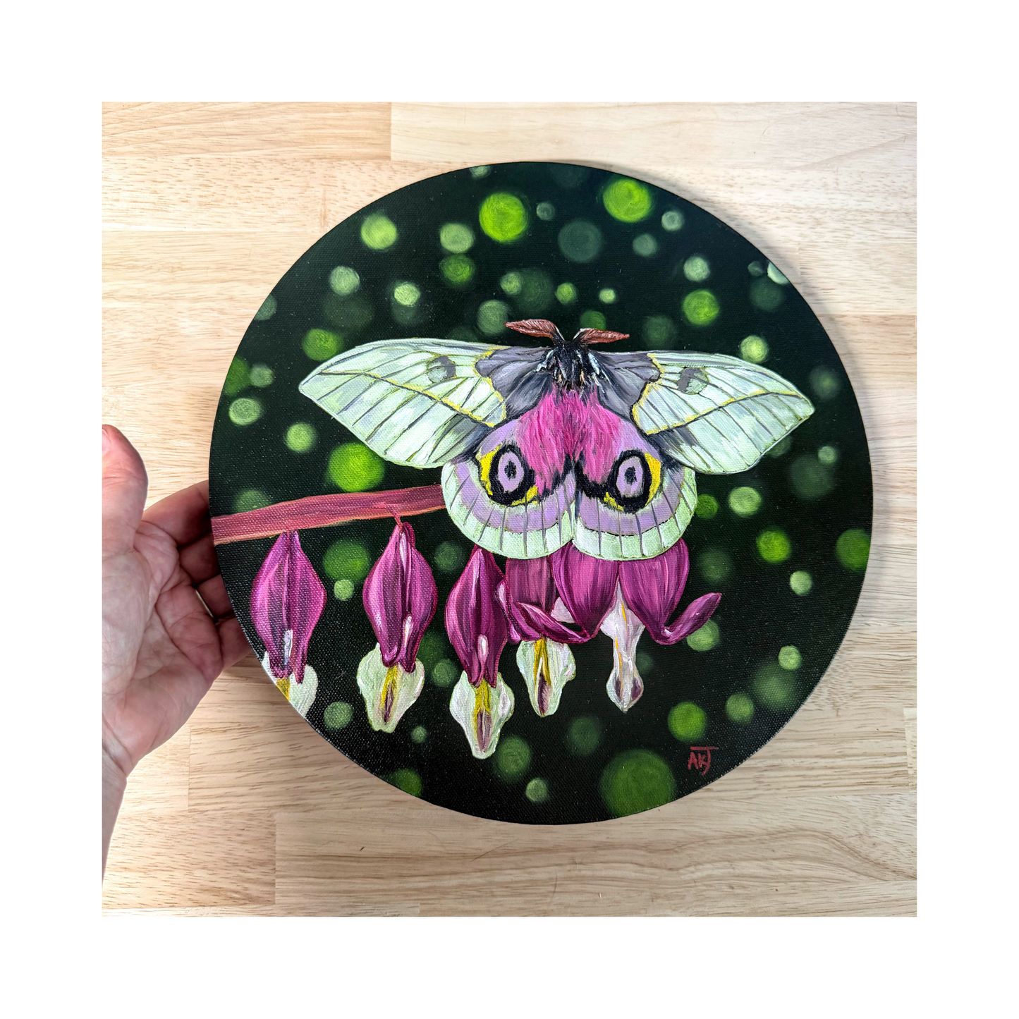 Original oil painting of a white and pink moth sitting on a bleeding hearts flowers on a 12" round canvas - top view