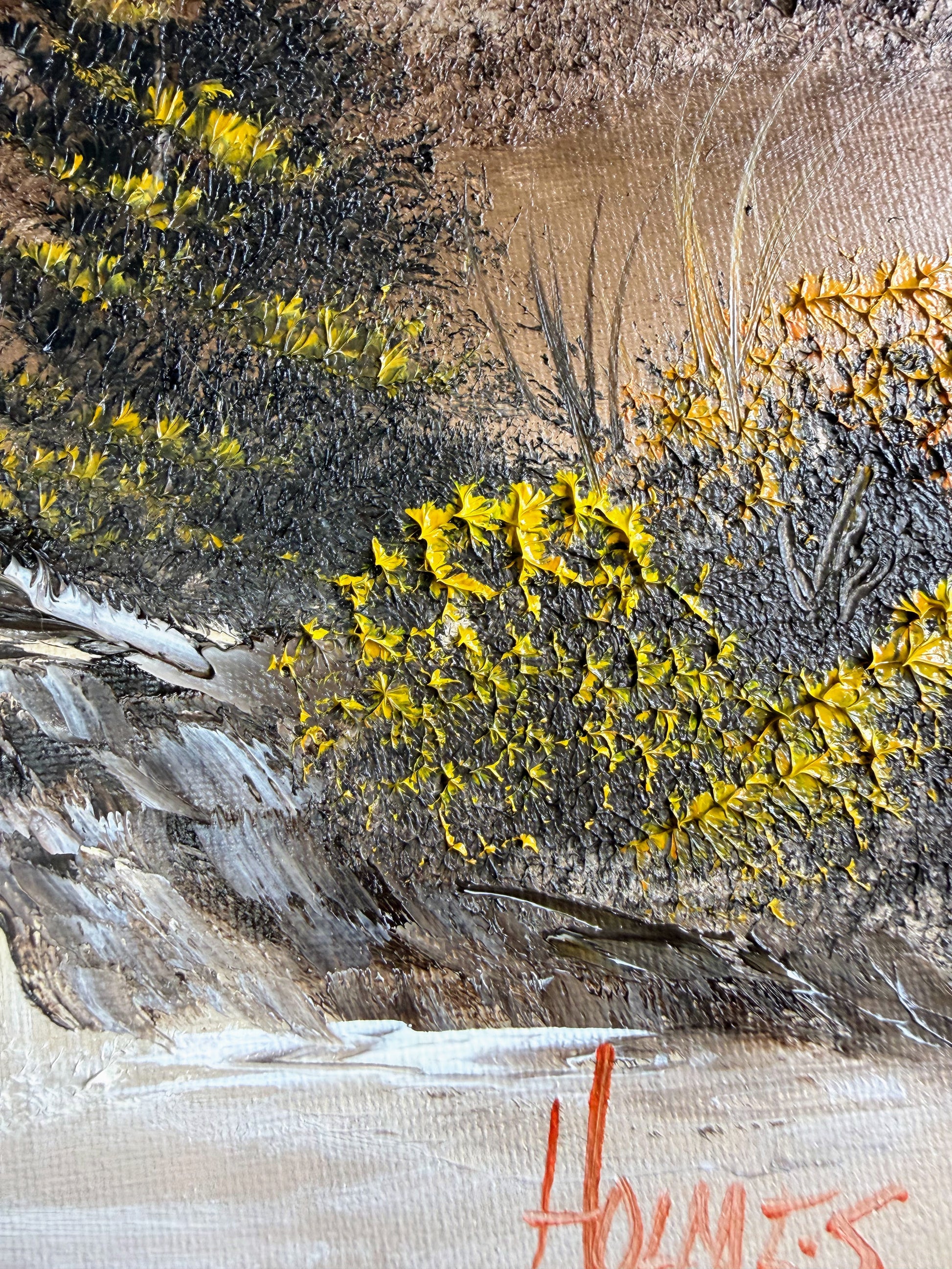 Close-up of a brush work texture on a shrub in a landscape painting