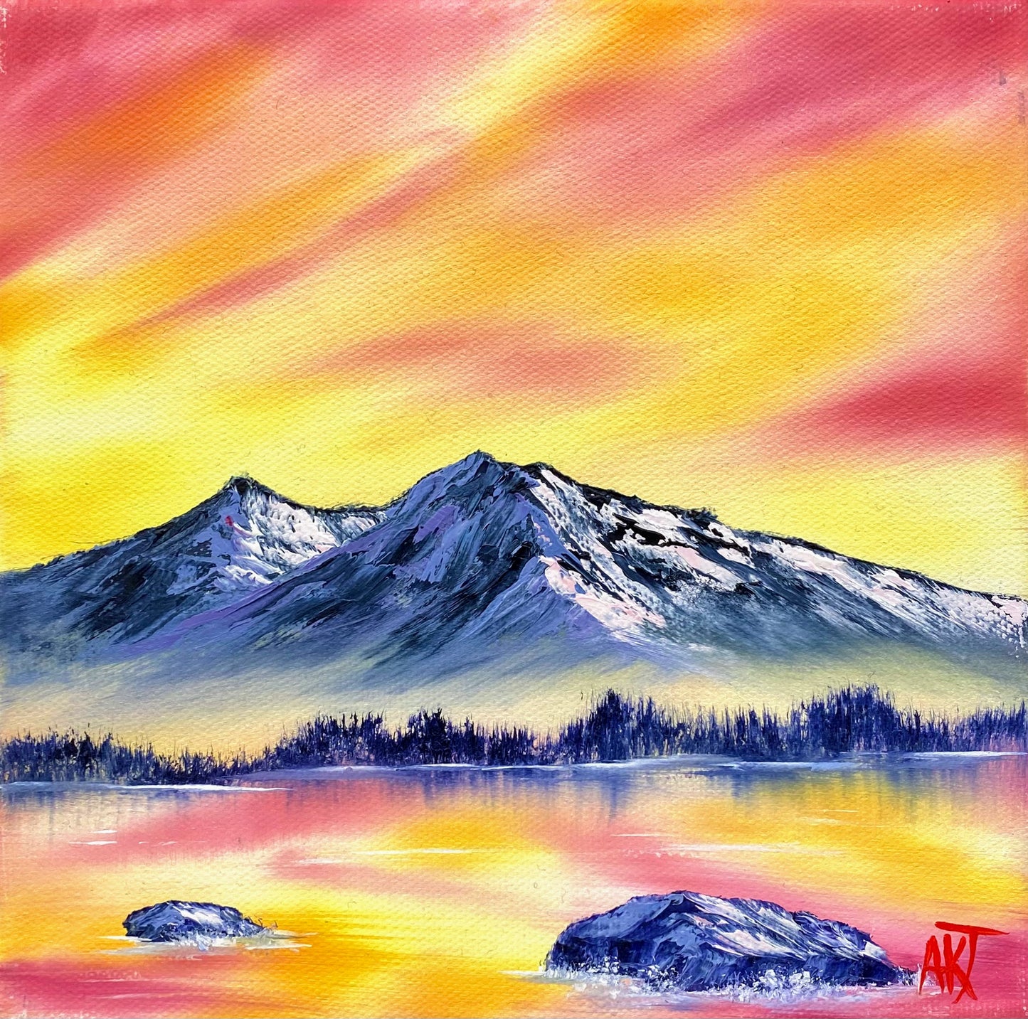 Painting of a mountain landscape with a colorful sky and water.