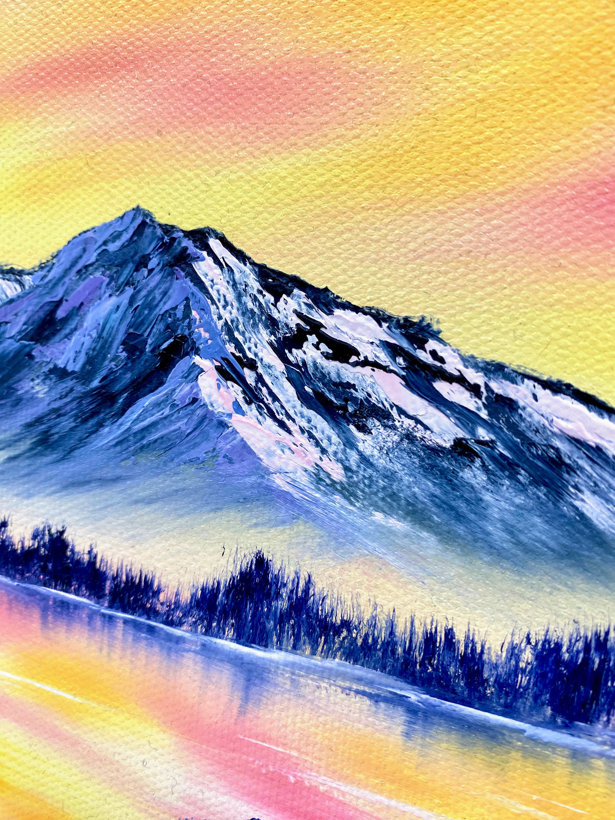 Painting of a mountain landscape with a colorful sky