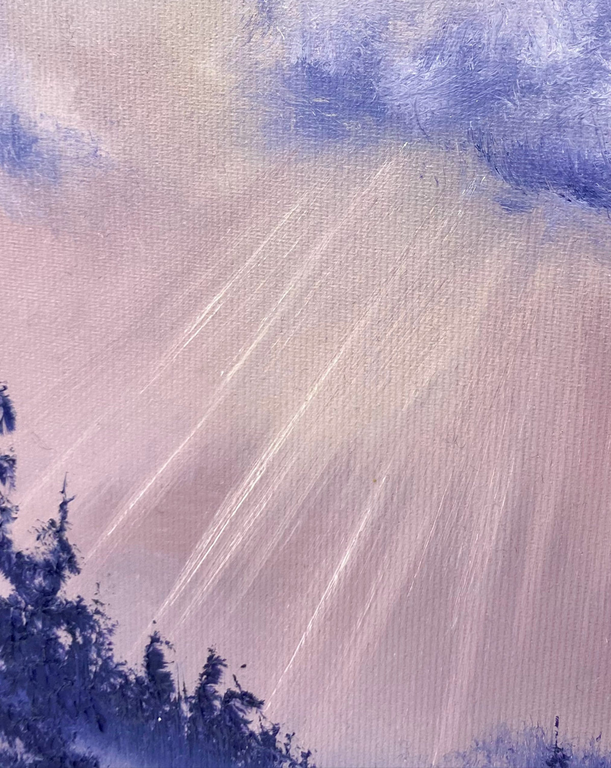close up of the oil painting of sunrays over the forest