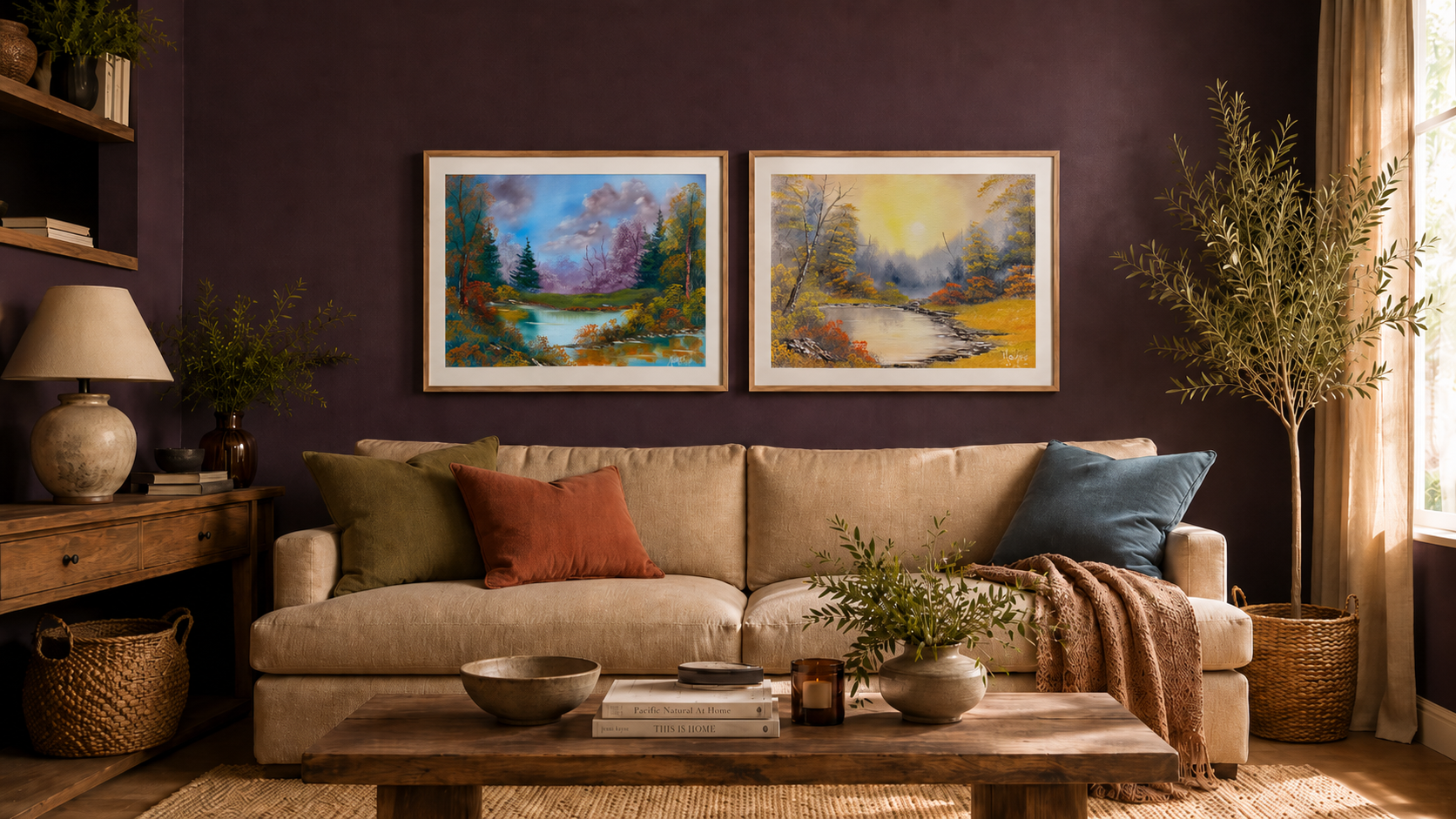 Cozy living room with a beige sofa, wooden coffee table, and framed vibrant landscape fine art prints on a dark purple wall.