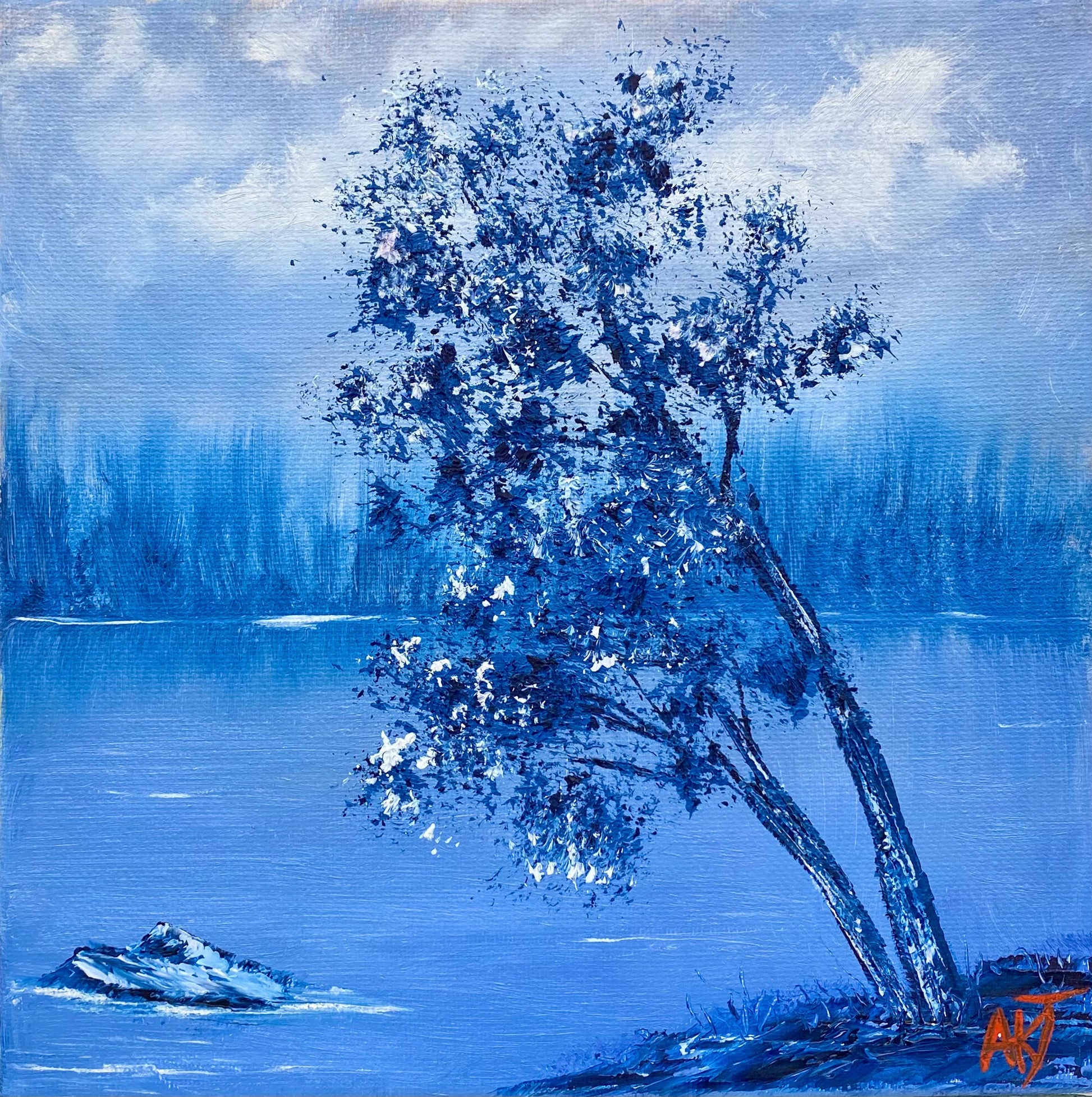 Painting of a tree by a body of water with a rock in the foreground.
