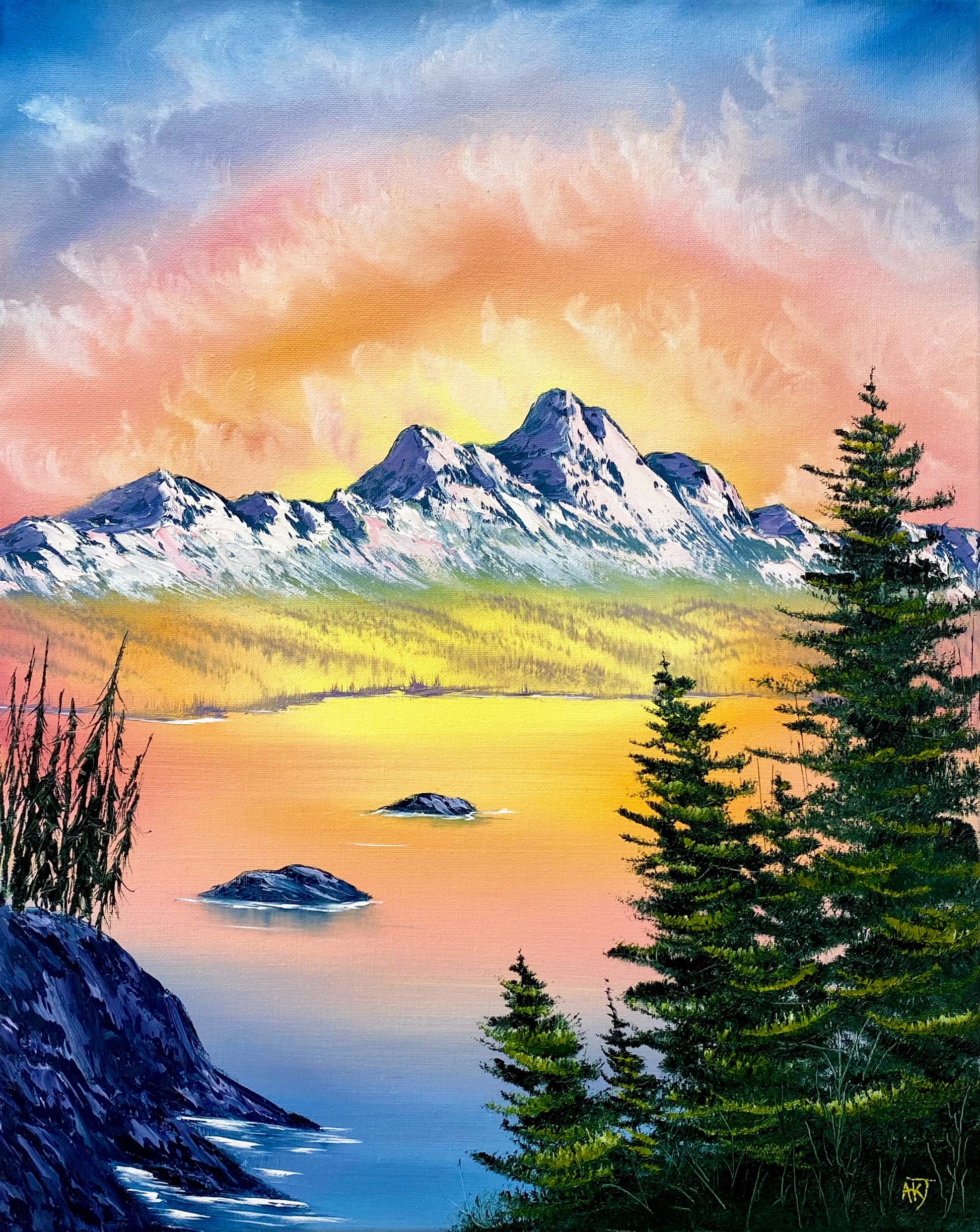 Painting of a mountain landscape with a lake and trees at sunset.