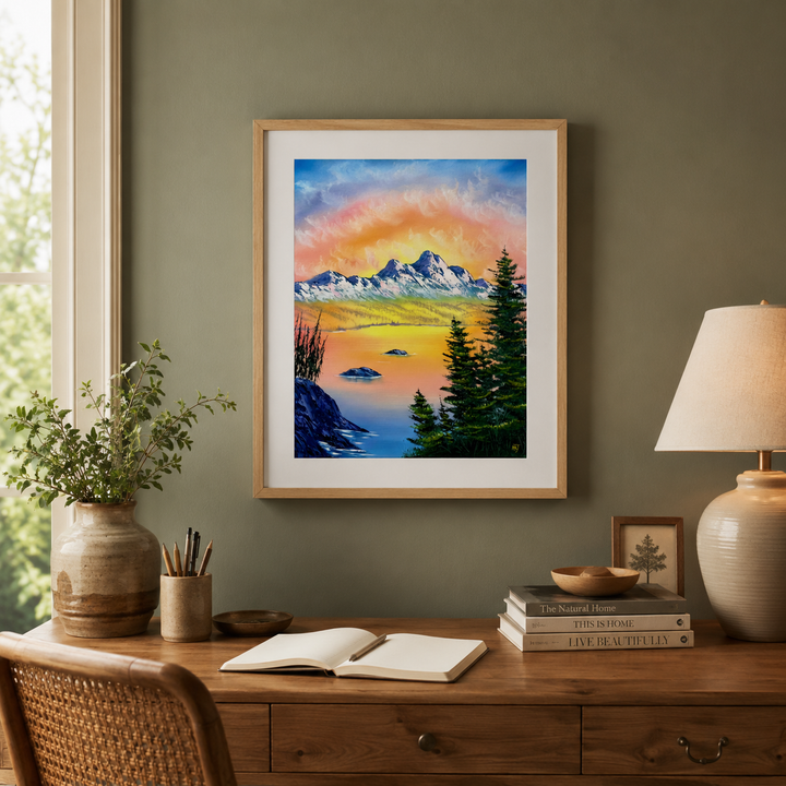 Fine art print of a vibrant colourful mountain scene. Displaed framed over the writing desk