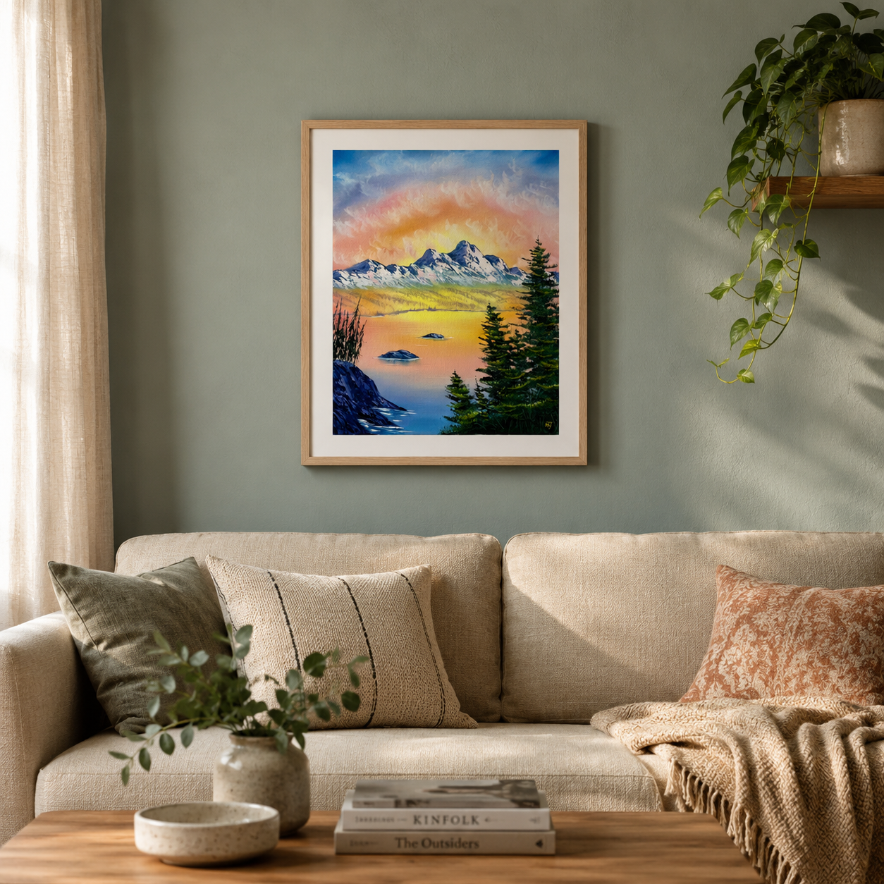 Vibrant colorful mountain and lake scene on fine art paper framed. hanging over a wsofa in the living room