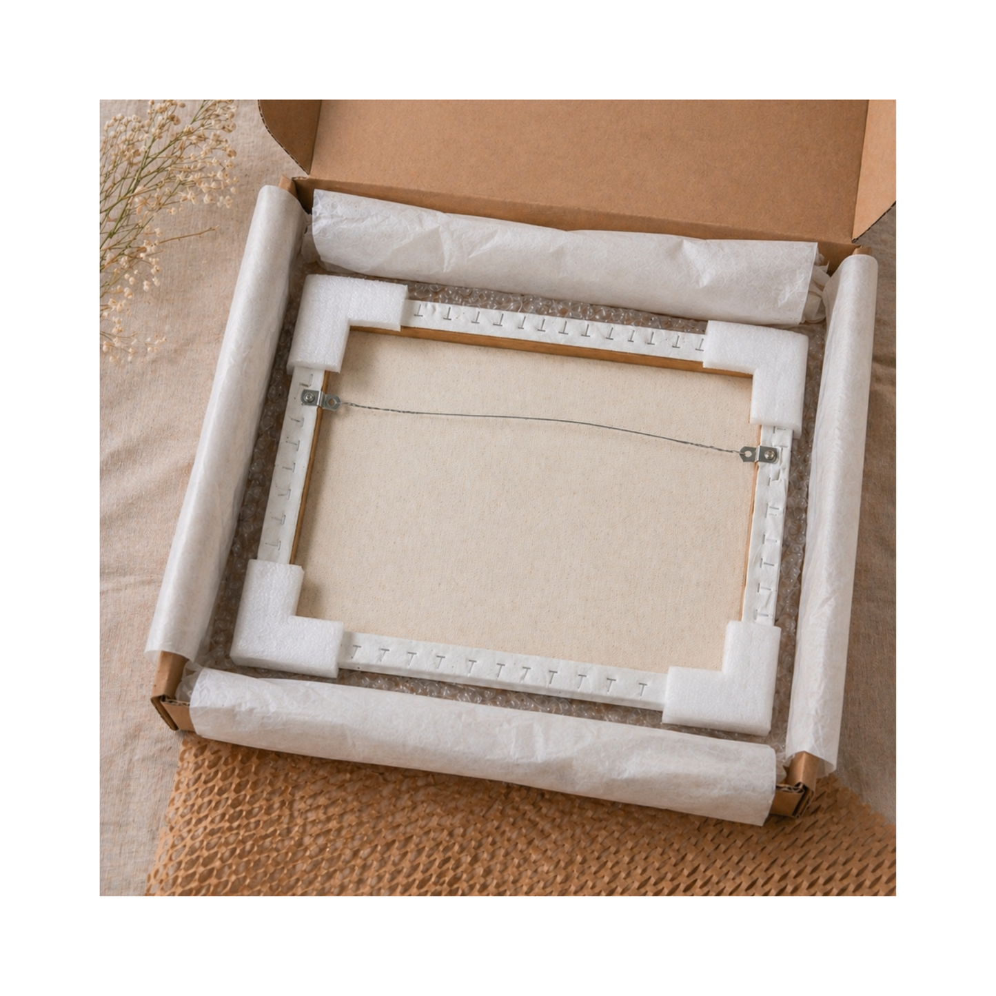 Unframed rectangular canvas in a cardboard box being packaged for shipping