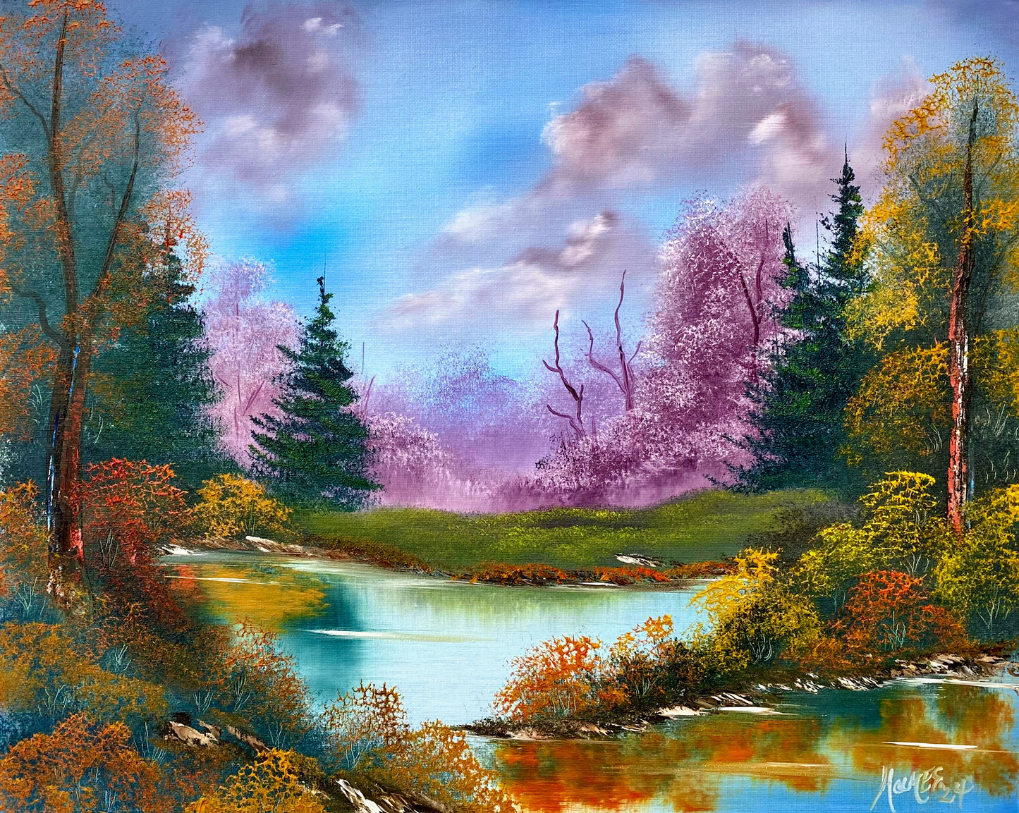 Colorful landscape painting of a lake surrounded by trees in Autumn