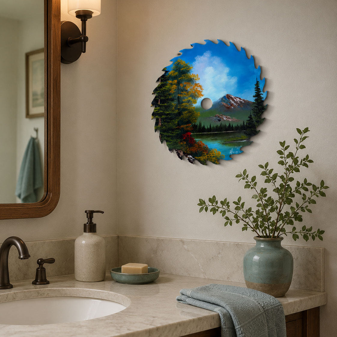 A circular saw blade wall art piece oil painting featuring a colorful mountain lake landscape, mounted on a beige bathroom wall above a marble sink counter with a towel, soap dispenser, and potted plant.