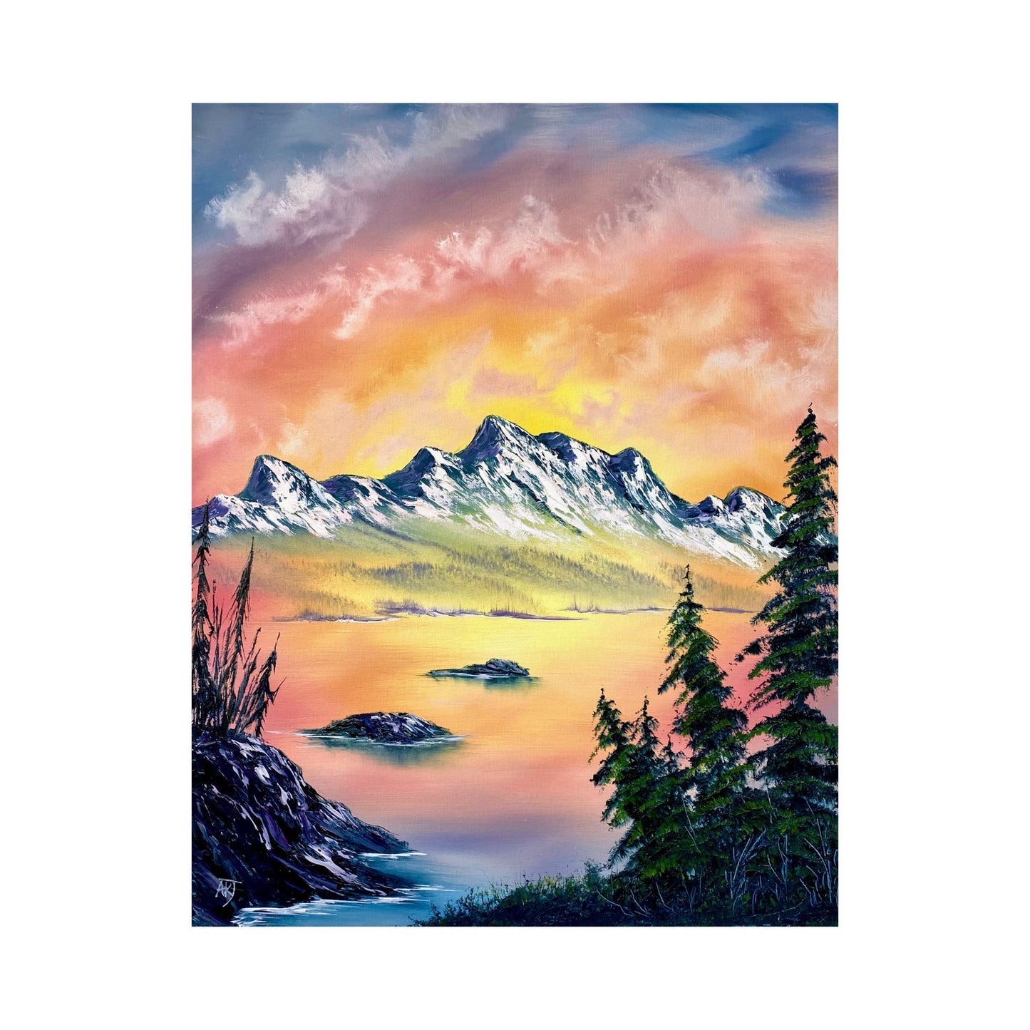 Serene Sunset Over Mountain Peaks - original oil painting by Anna Holmes