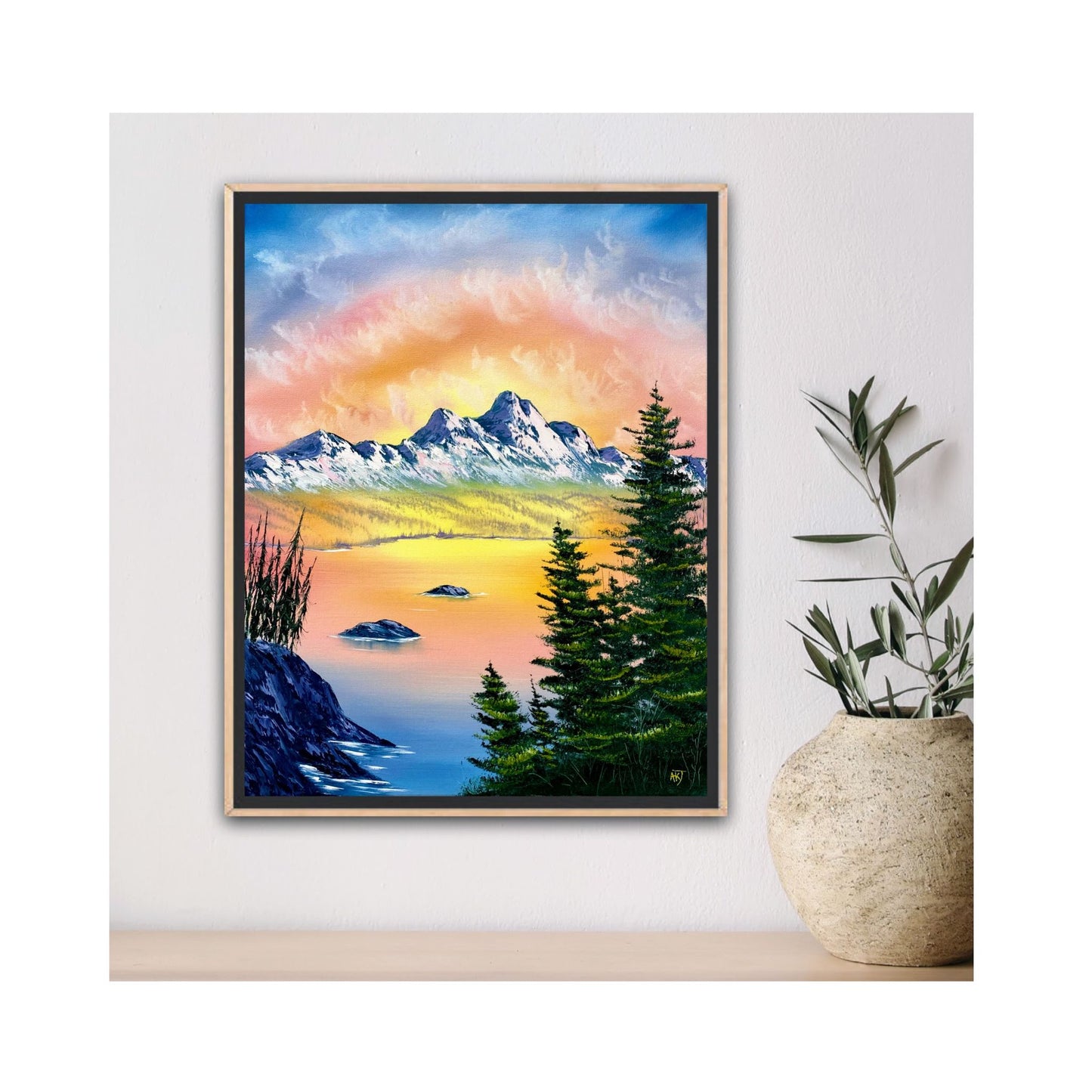 Serene Sunset Over Mountain Peaks - original oil painting by Anna Holmes