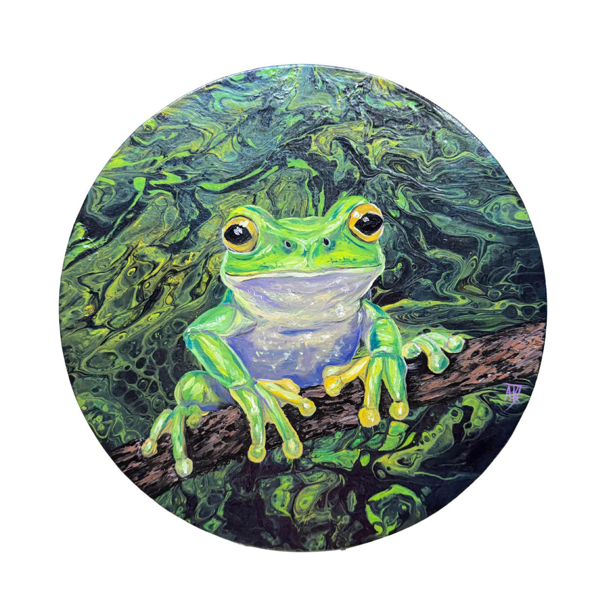 A circular painting of a bright green tree frog sitting on a branch, set against a swirling dark green and black background, isolated on a white backdrop.