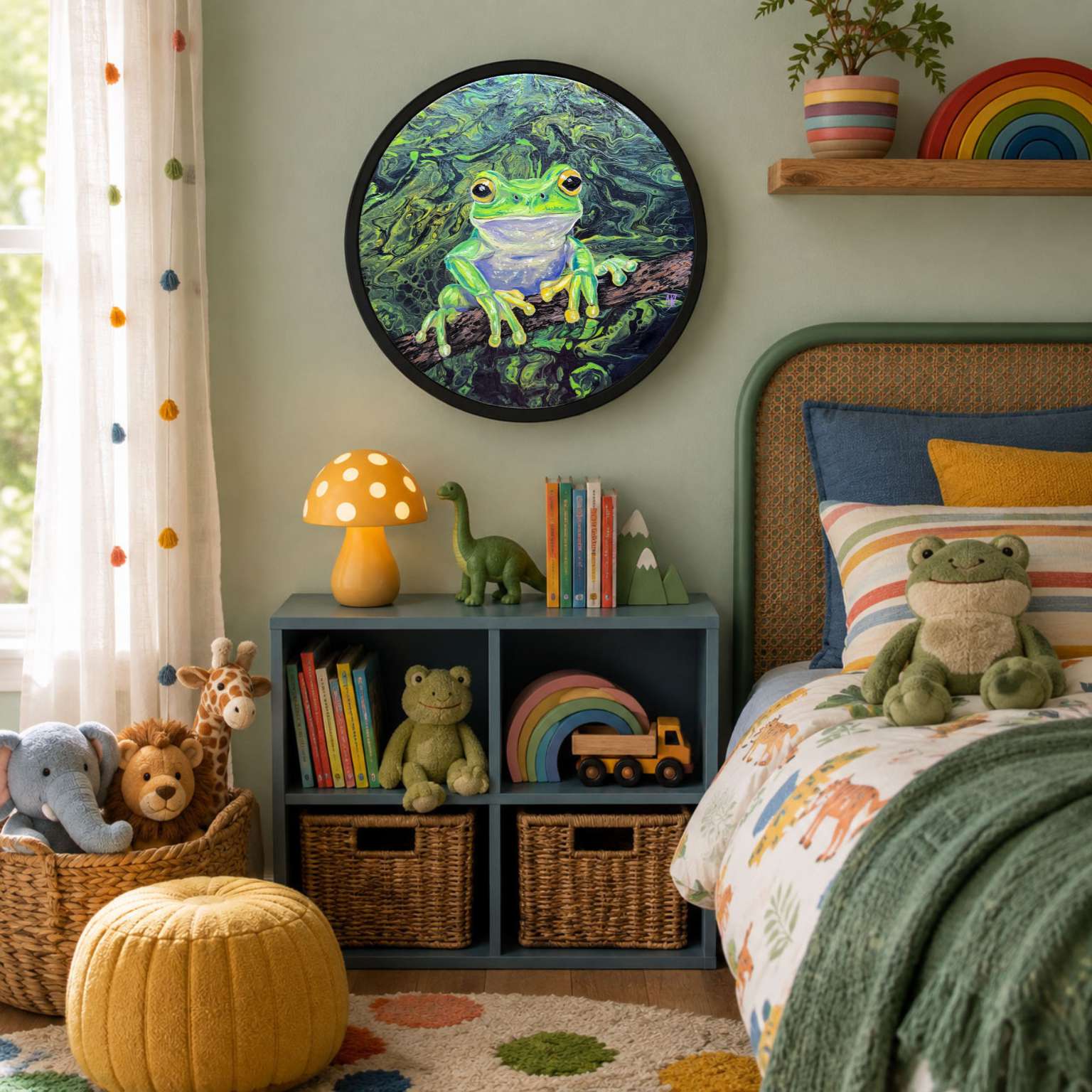 A styled children's bedroom featuring a round framed wall art of a green frog in a jungle. The room is decorated with a green headboard, colorful pillows, a yellow mushroom lamp, a blue storage shelf with books and toys, and a yellow pouf on the floor.