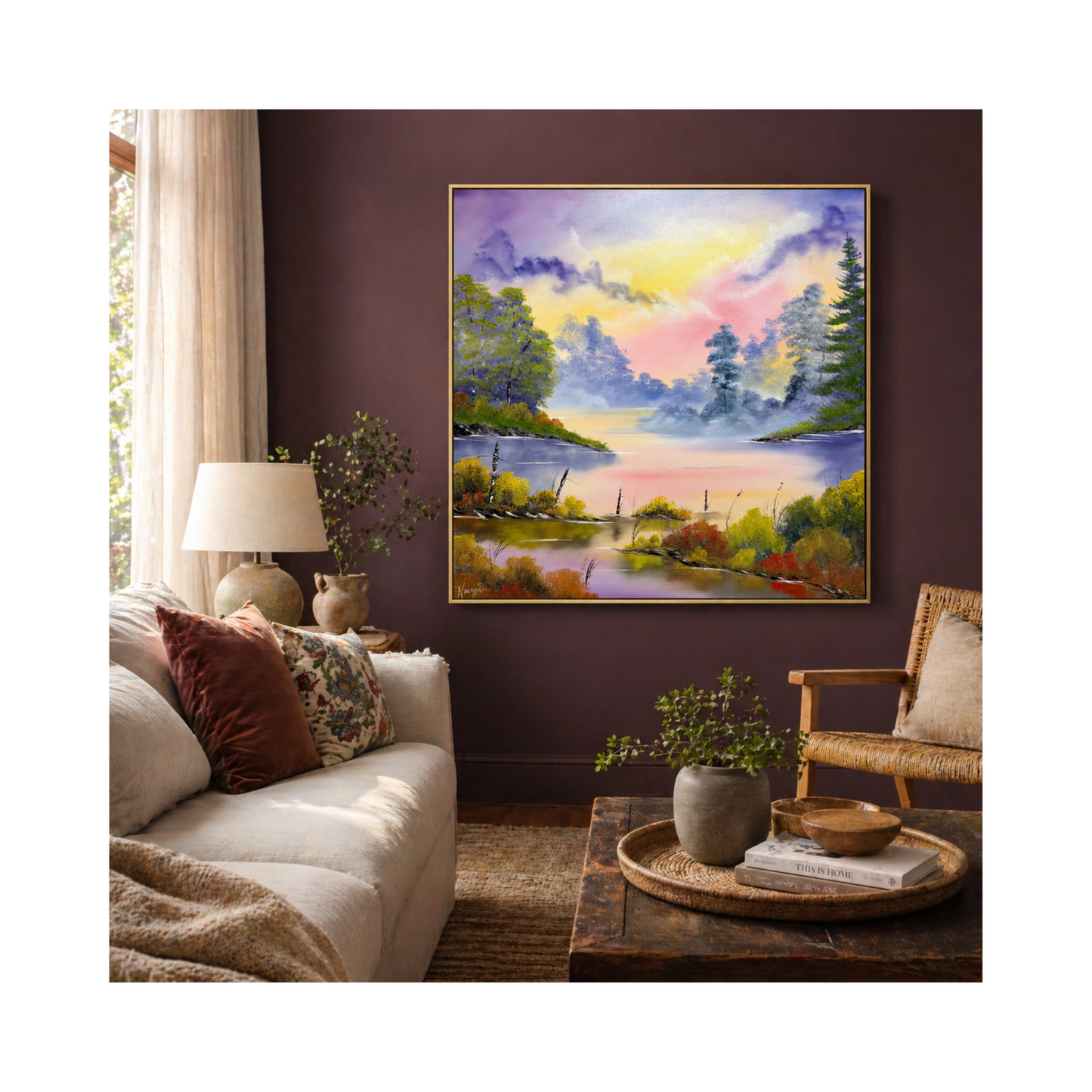 Living room with a colorful painting of a Tennessee river landscape on the wall