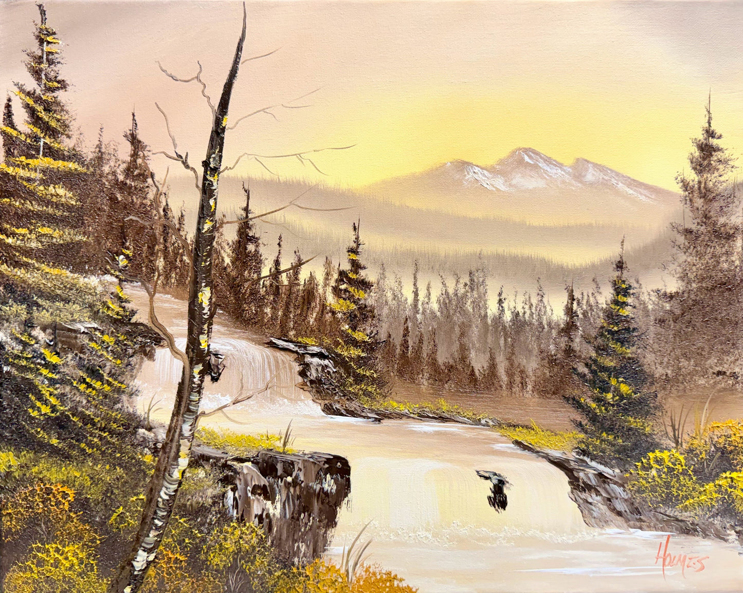 warm golden scenic landscape with a river, trees, and mountains