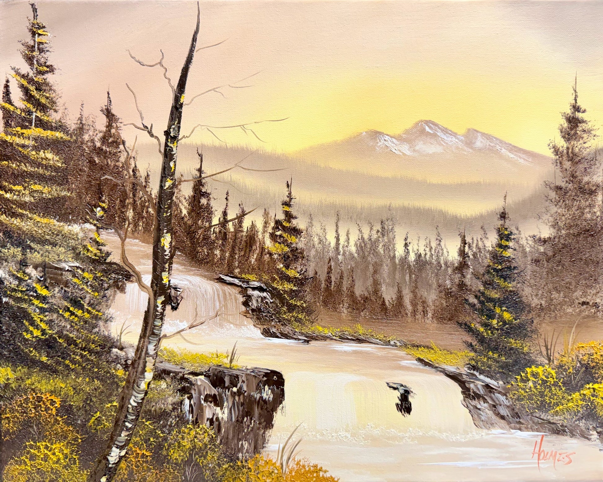 warm golden scenic landscape with a river, trees, and mountains