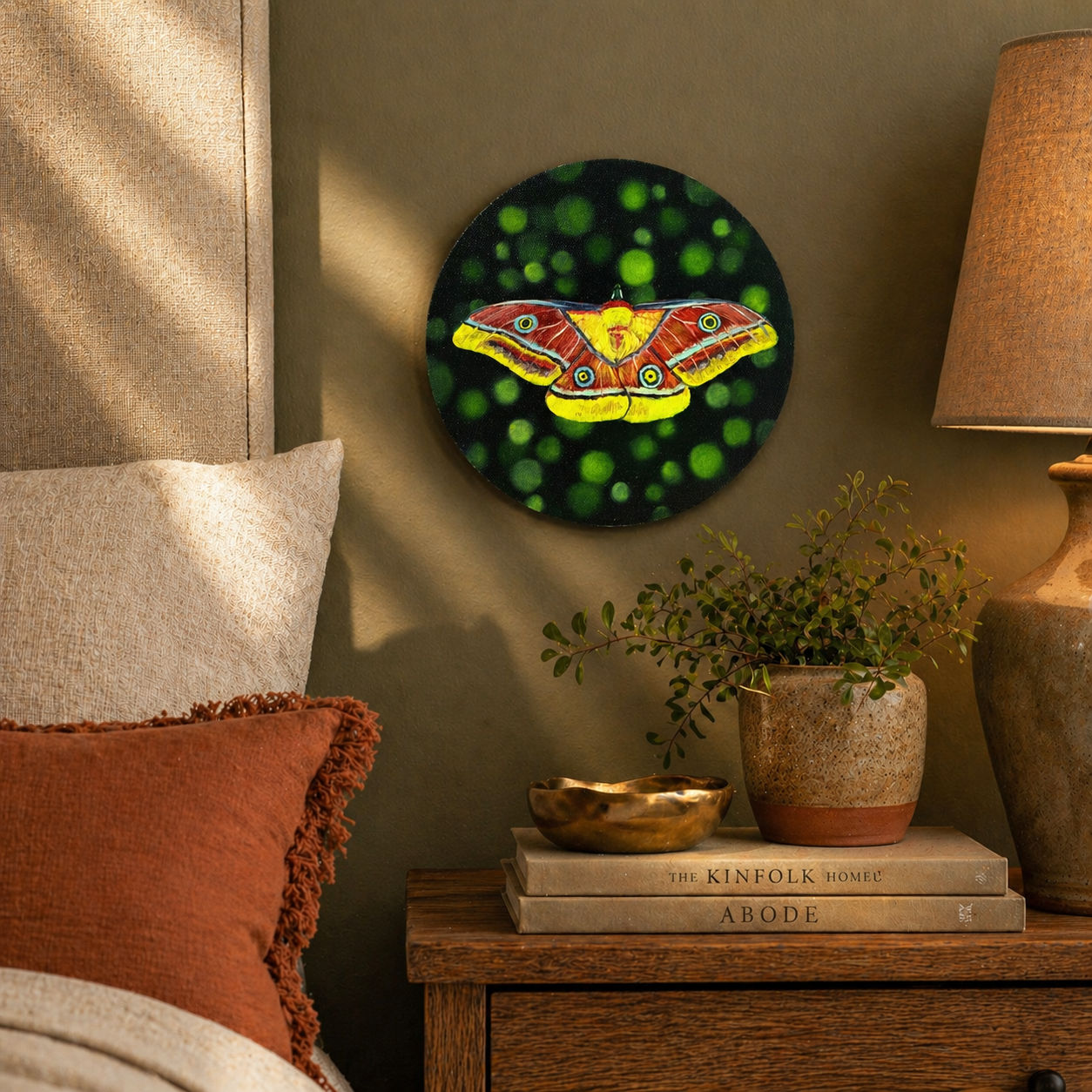 Tina yellow and red moth oil painting in the bedroom over nightstand with books and plant pot