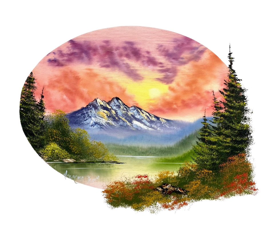 Scenic landscape with mountains, trees, and a lake under a colorful sky.