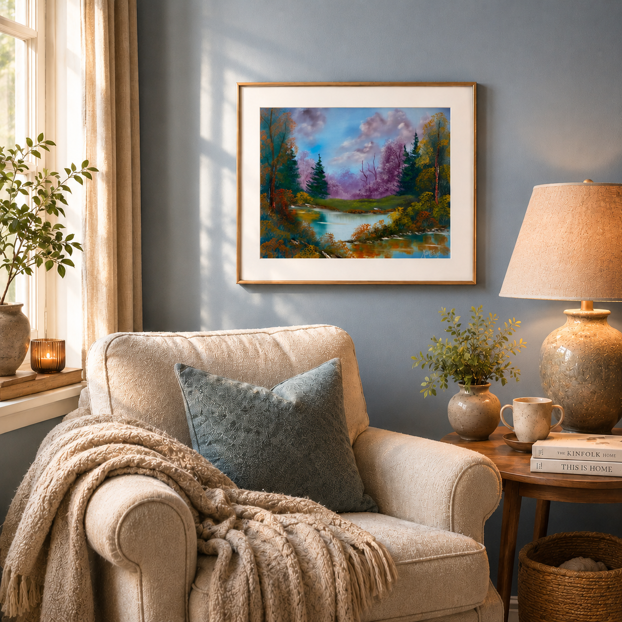 Fine art print on paper of "Tranquil Reflections in Autumn" framed in gold frame displayed on a pale blue wall in a reading nook over armchair