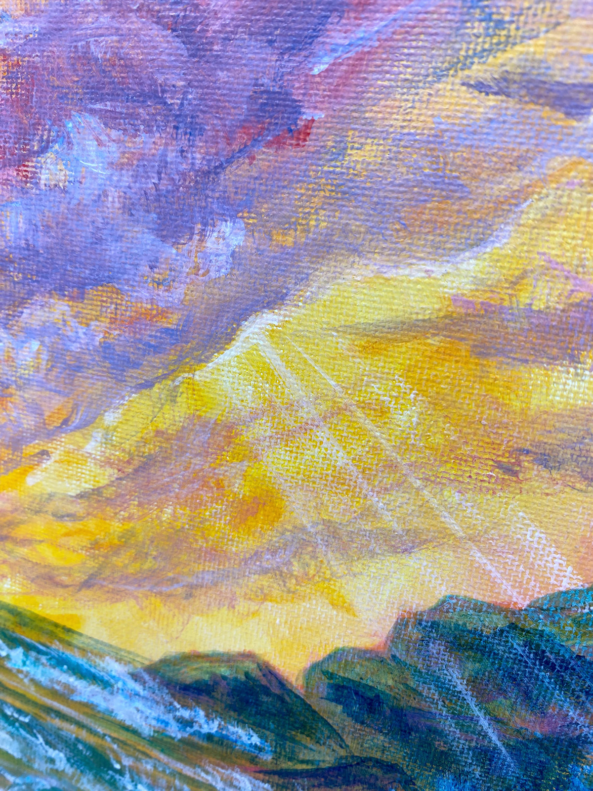 landscape painting with yellow, blue, and purple hues in the sky