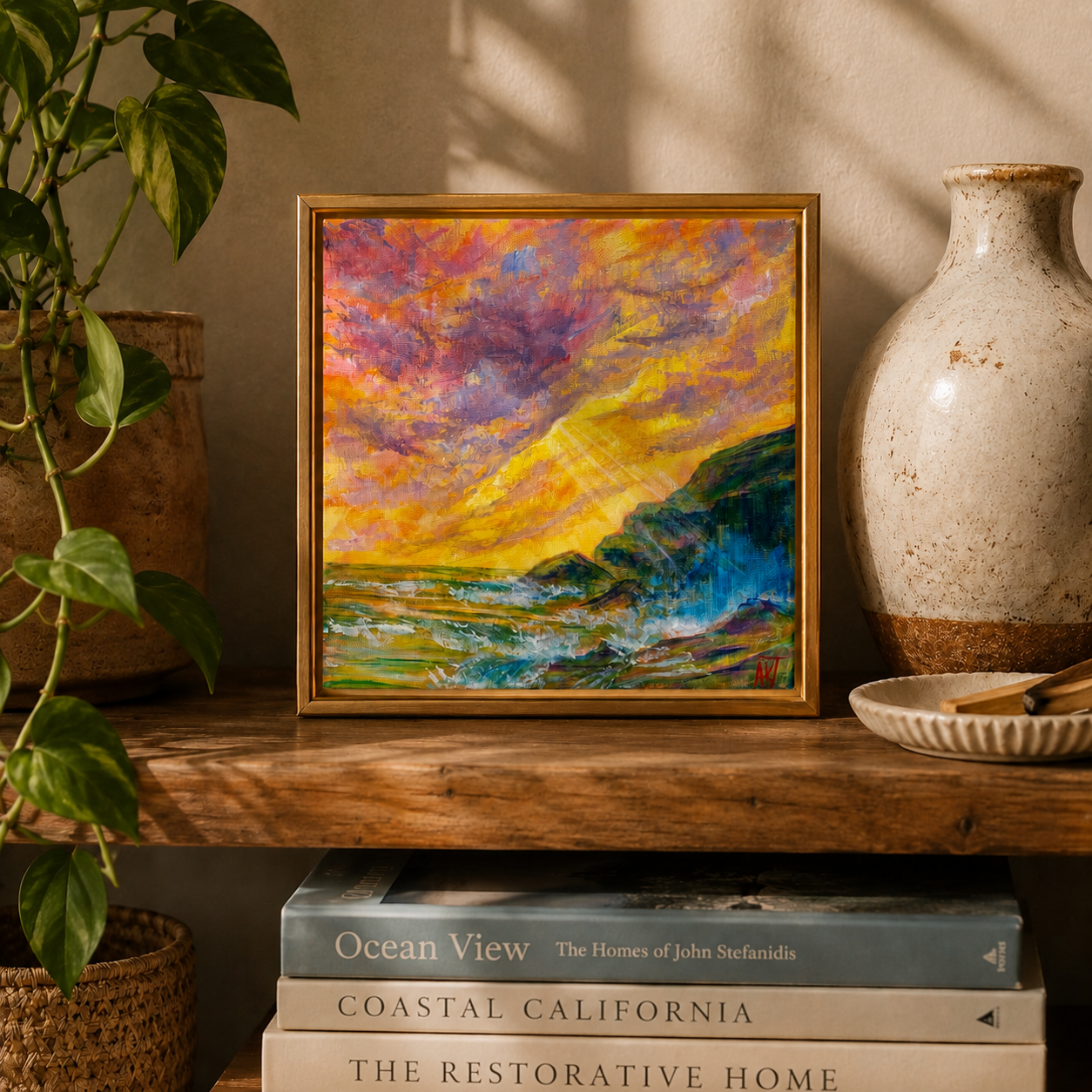Original Acrylic artwork on canvas - 8"x8" of a seascep with sun rays bursting through the clouds toward the cove. displayed on a shelf with trailing potted plant vase and books on the shelf below