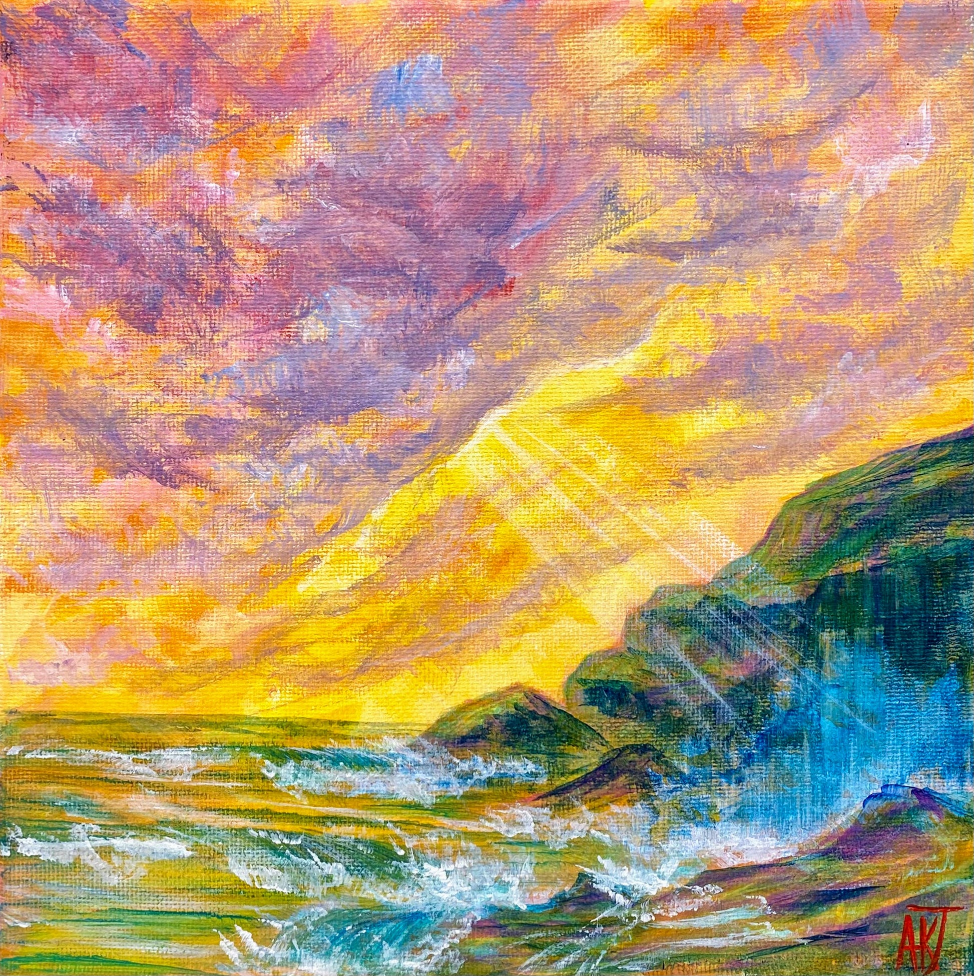 Colorful abstract landscape with a sunset over water and cliffs.