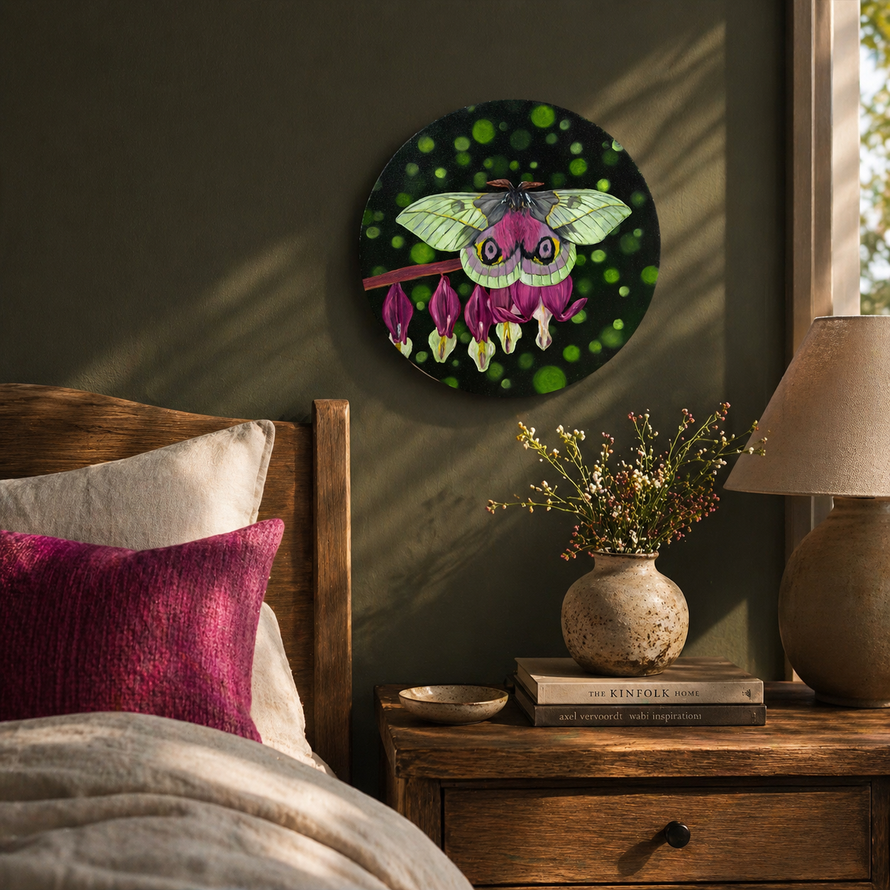 Original oil painting of a pink and white moth on round canvas, with  green                       bohek bacground displayed on rich moss green bedroom wall over the nightstand