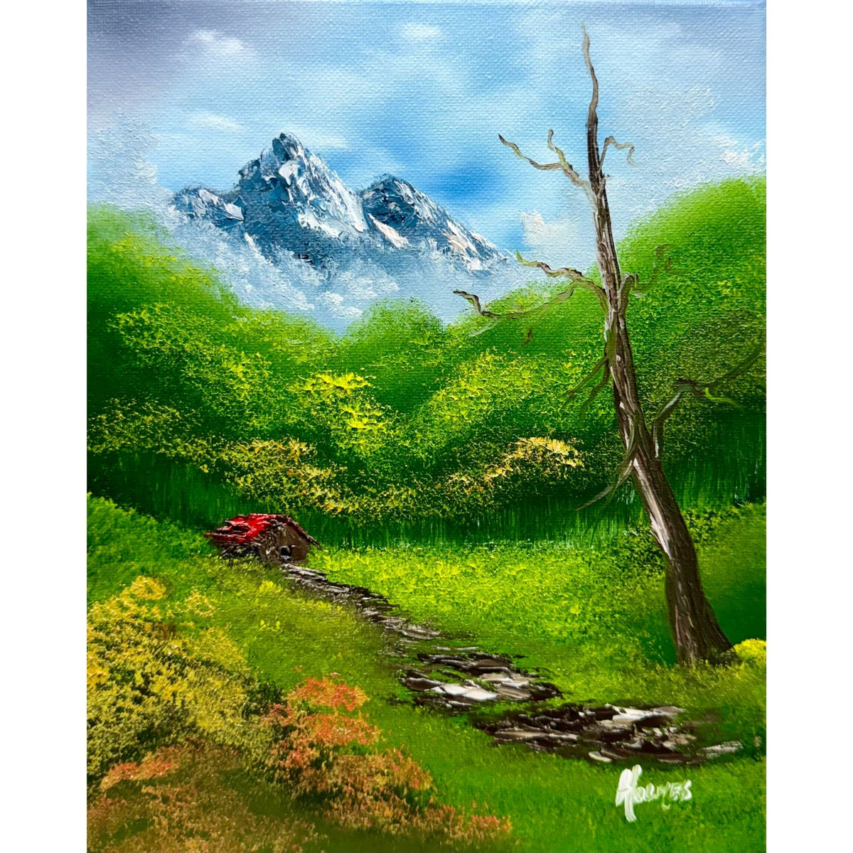 Stone path winding through green mountain hills toward snow-capped peaks and a rustic red-roof cabin, original 8x10 oil painting on canvas.