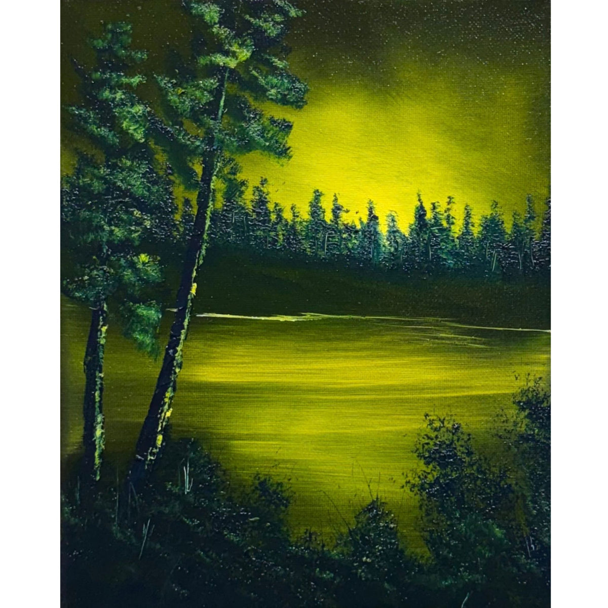 Golden twilight reflected on a glassy lake framed by dark evergreen pine silhouettes, original 8x10 landscape oil painting on canvas.