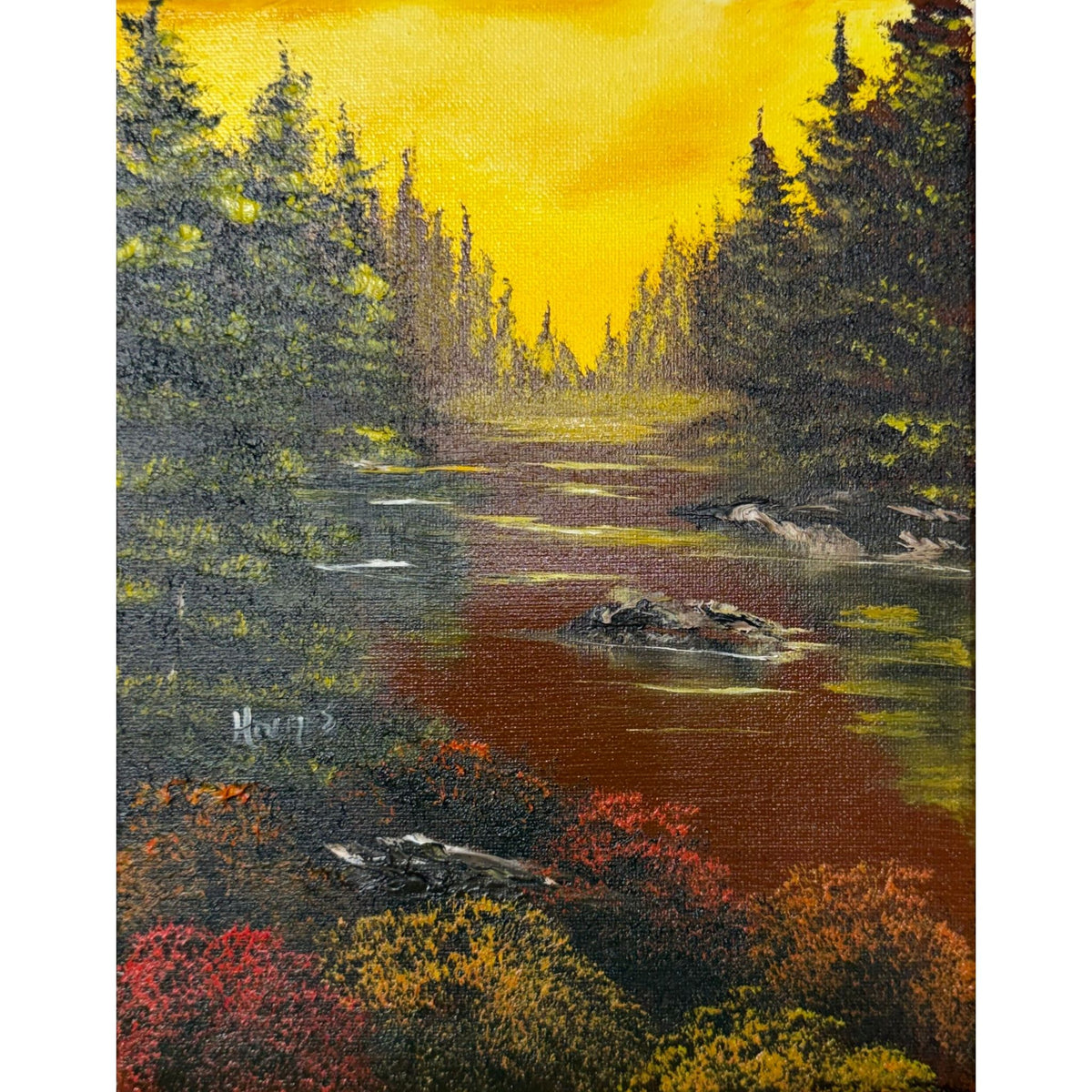 Golden autumn forest reflected in a calm river beneath a warm amber sky, original 8x10 oil painting on canvas.