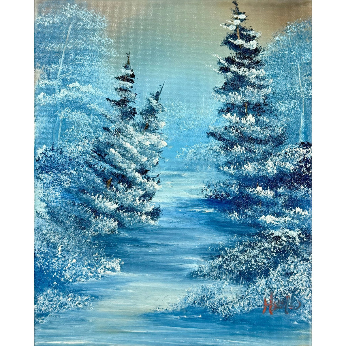 Snow-laden evergreen trees glowing in crisp icy blue tones, original 8x10 winter landscape oil painting on canvas.