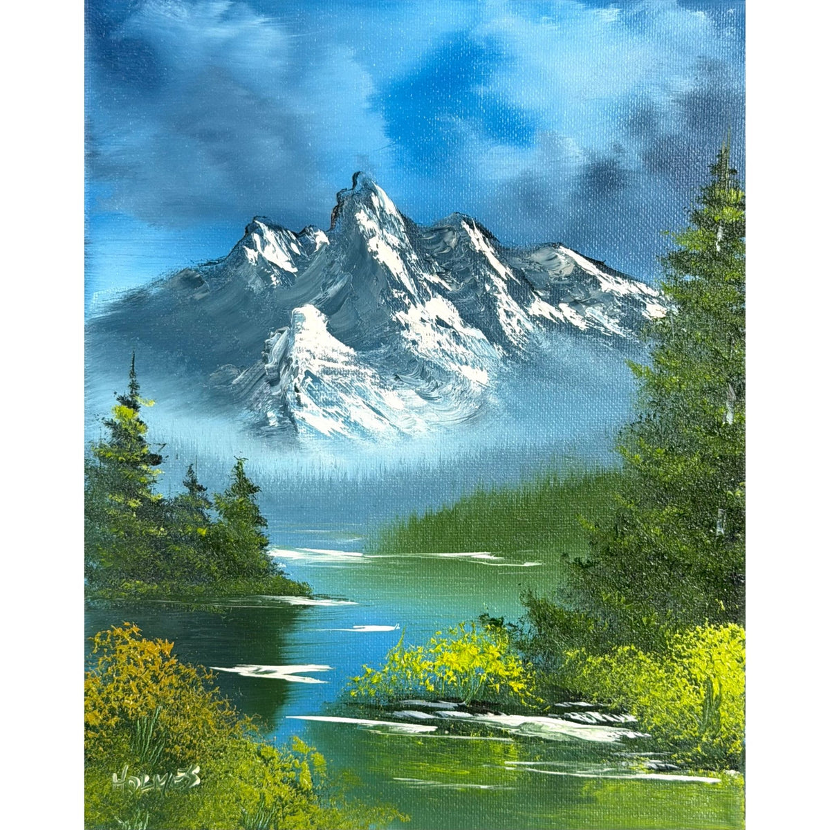 Craggy mountain peaks above a calm alpine lake with emerald greenery and yellow wildflowers, original 8x10 oil painting on canvas.