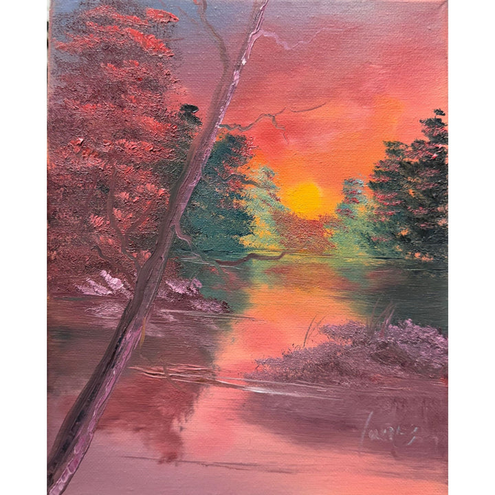 Fiery pink, purple and orange sunset reflected in water and framed by dark tree silhouettes, original 8x10 oil painting on canvas.