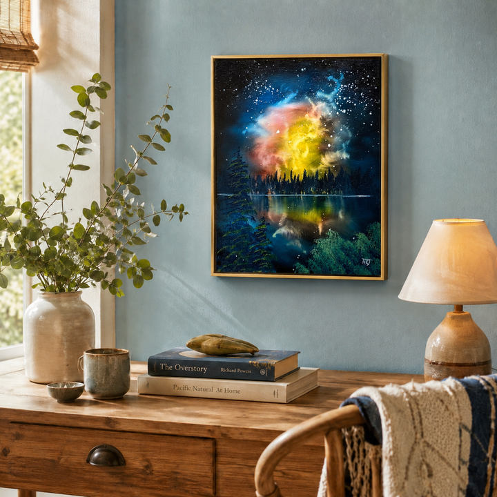 Living room with a wooden desk, lamp, books, and a framed artwork of a colorful nebula on the wall.