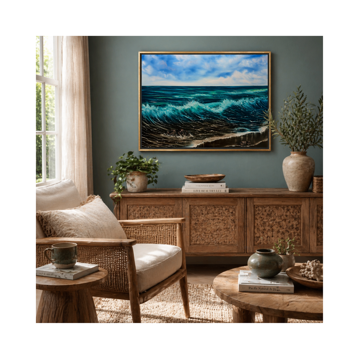 coastal walk painting inspired by Cornwall - crashing wave on the beach