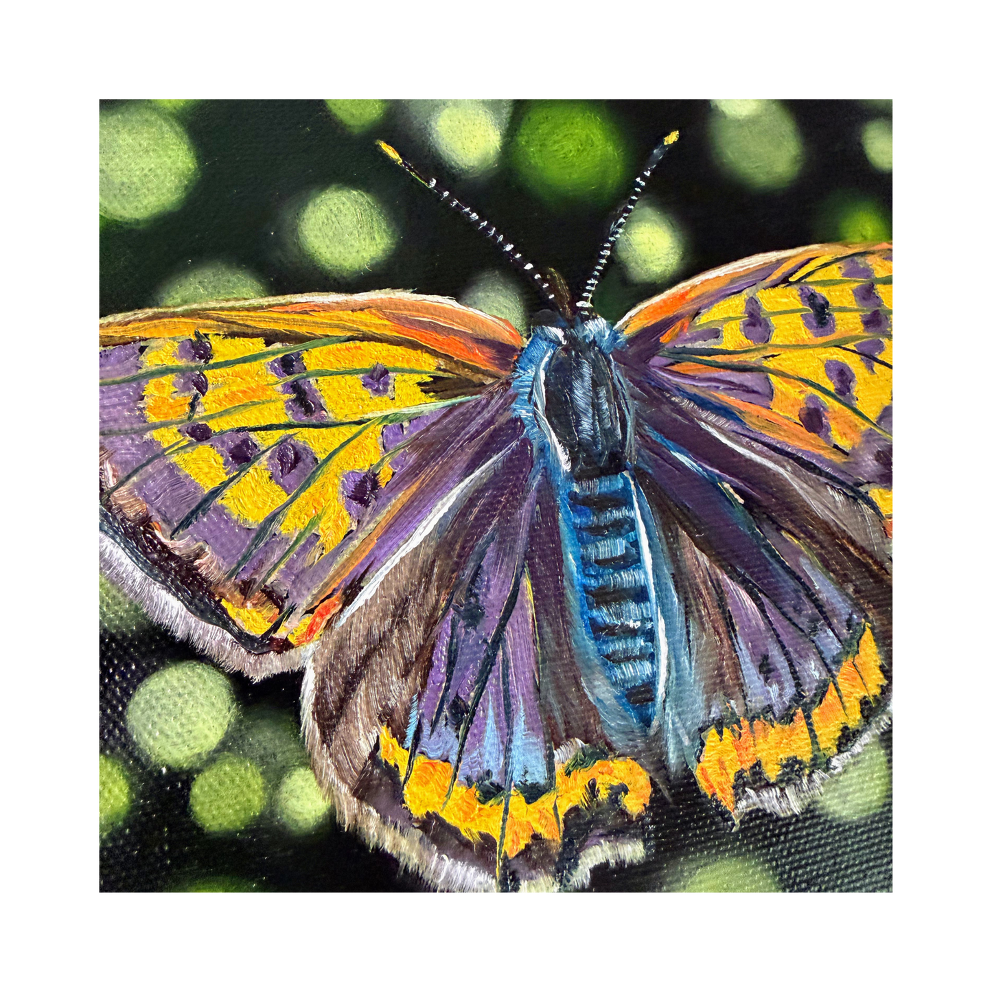copper butterfly original oil painting on 8" round canvas - detail of the brushstrokes zoomed in on the butterfly wing