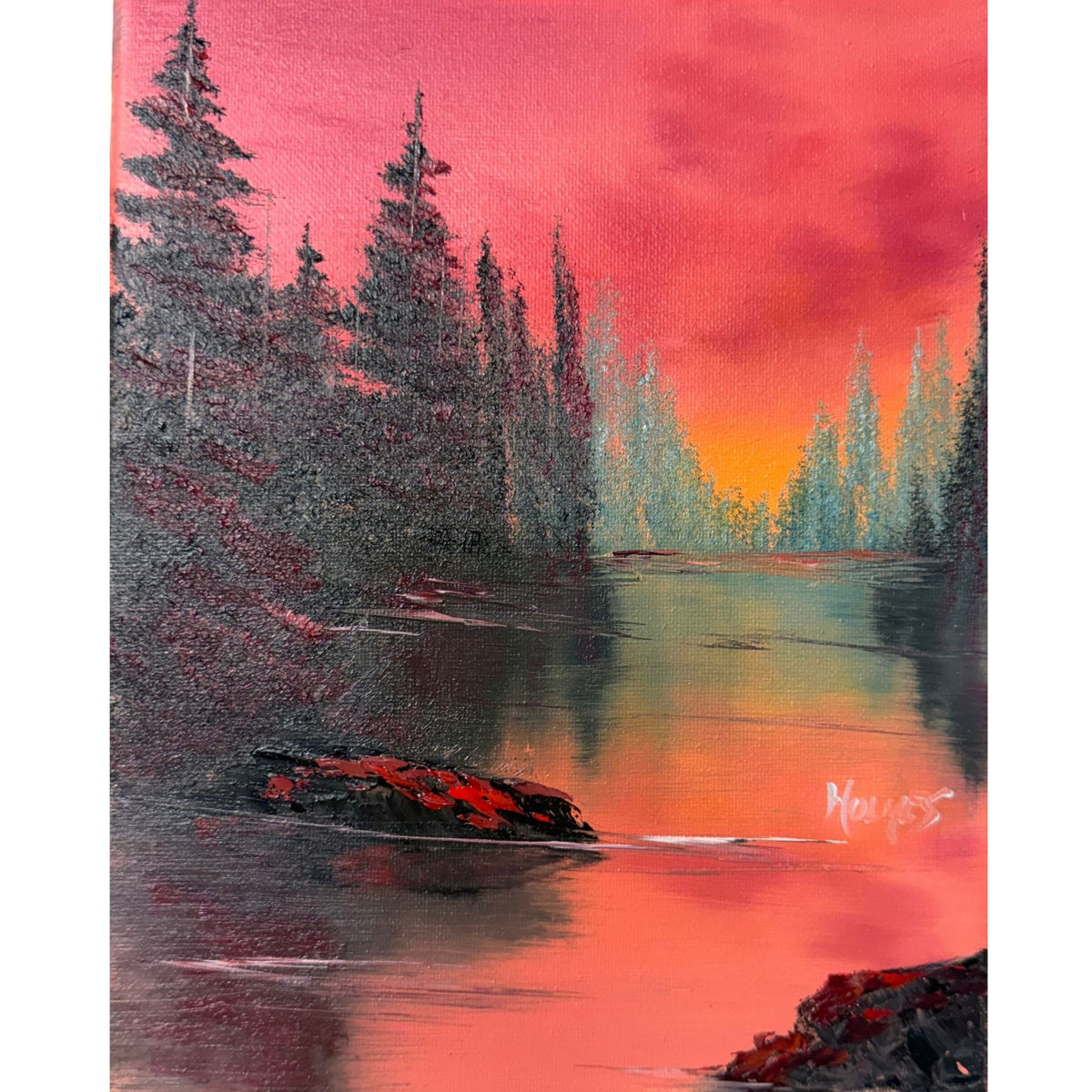 Glowing red, pink and orange sunset reflected in calm water with dark evergreen silhouettes, original 8x10 oil painting on canvas.