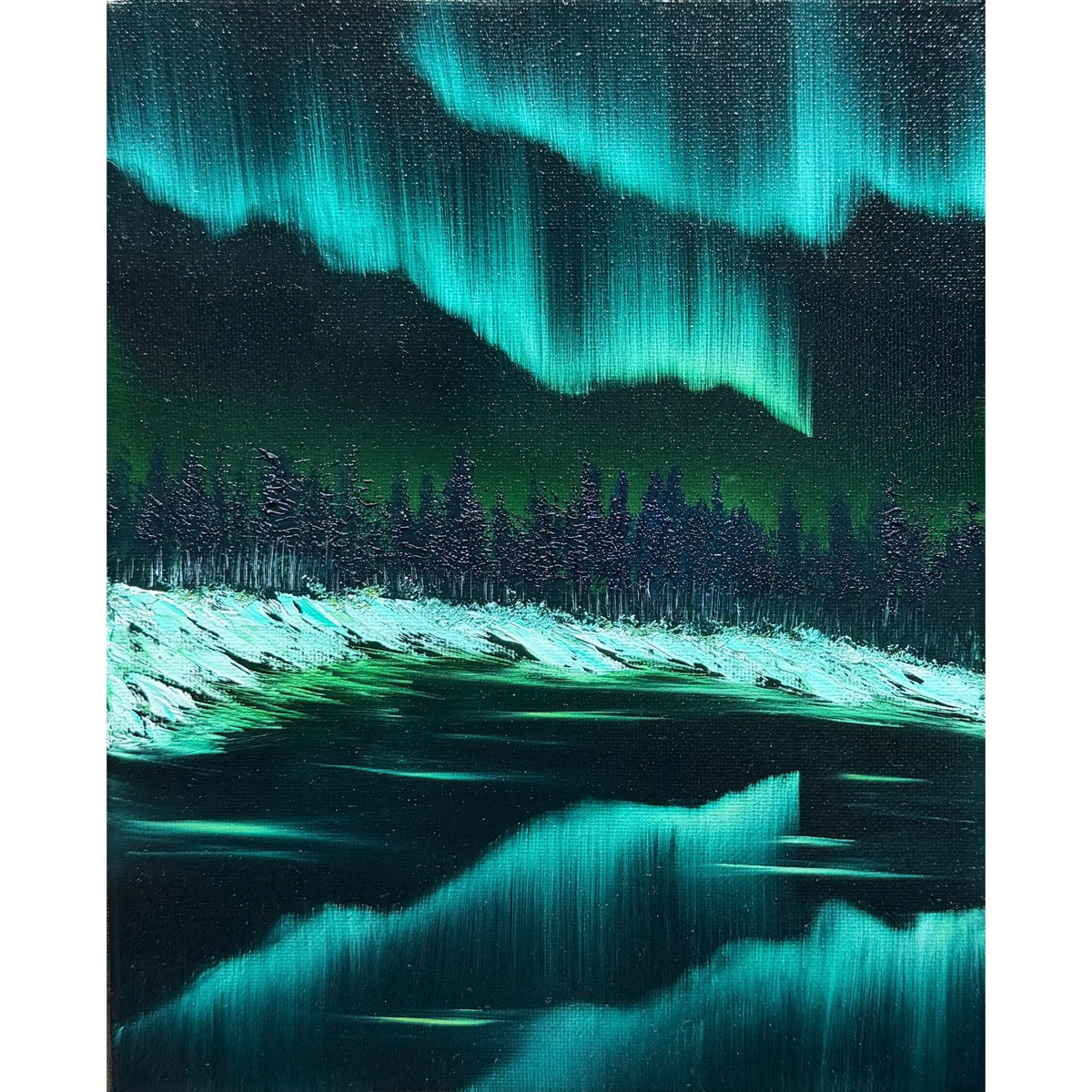 Teal and green northern lights reflected across dark water with snowy pine trees beneath an ink-black sky, original 8x10 oil painting on canvas.