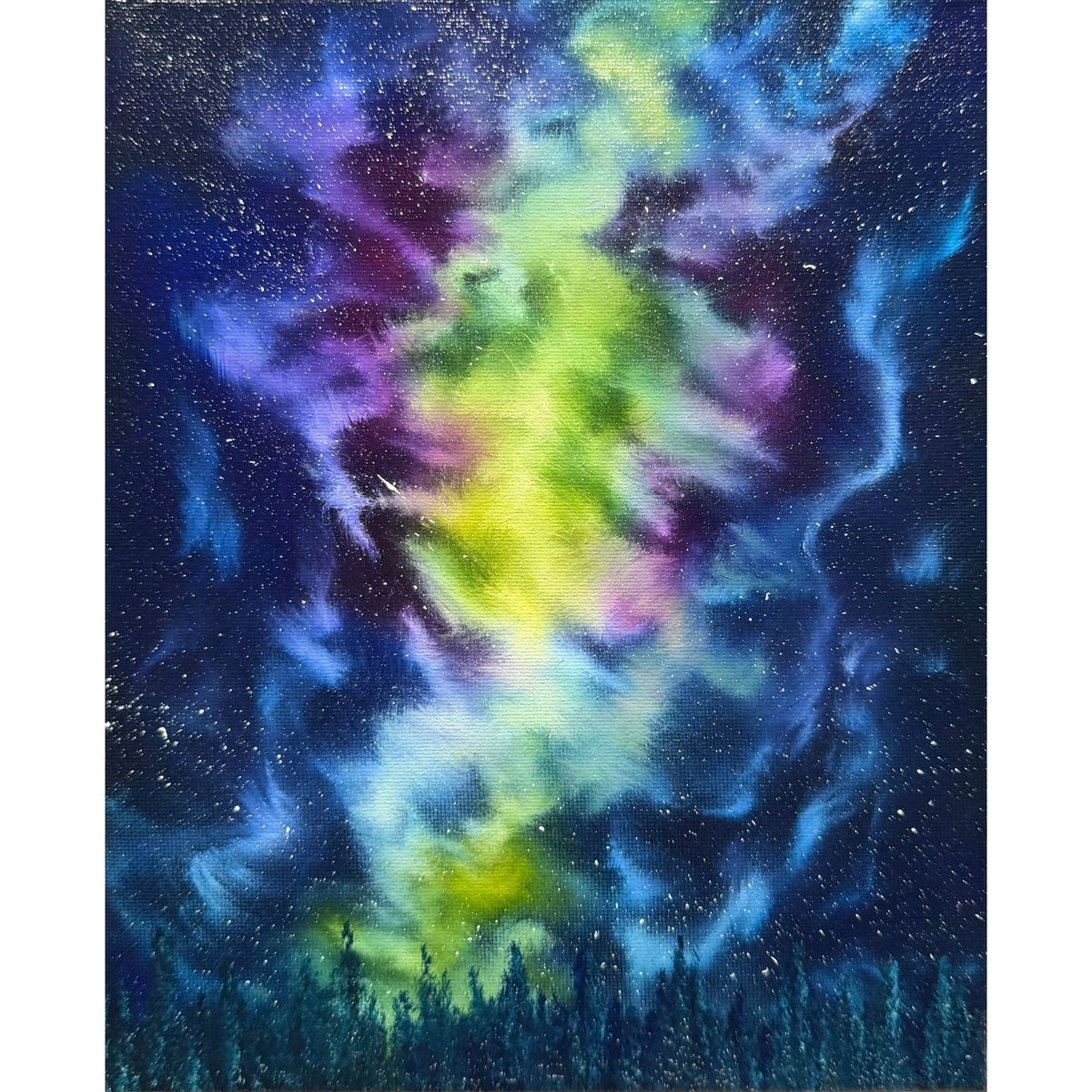 Green, violet and blue northern lights swirling across a starry night sky above silhouetted pine trees, original 8x10 oil painting on canvas.