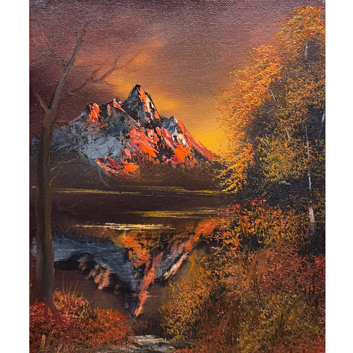 Dramatic oil painting of a glowing orange mountain reflected in dark water