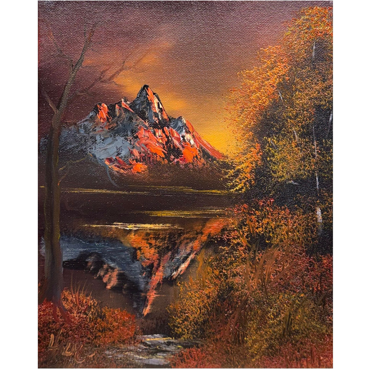 Rugged mountain glowing with fiery orange sunset light reflected across dark water, original 8x10 oil painting on canvas.