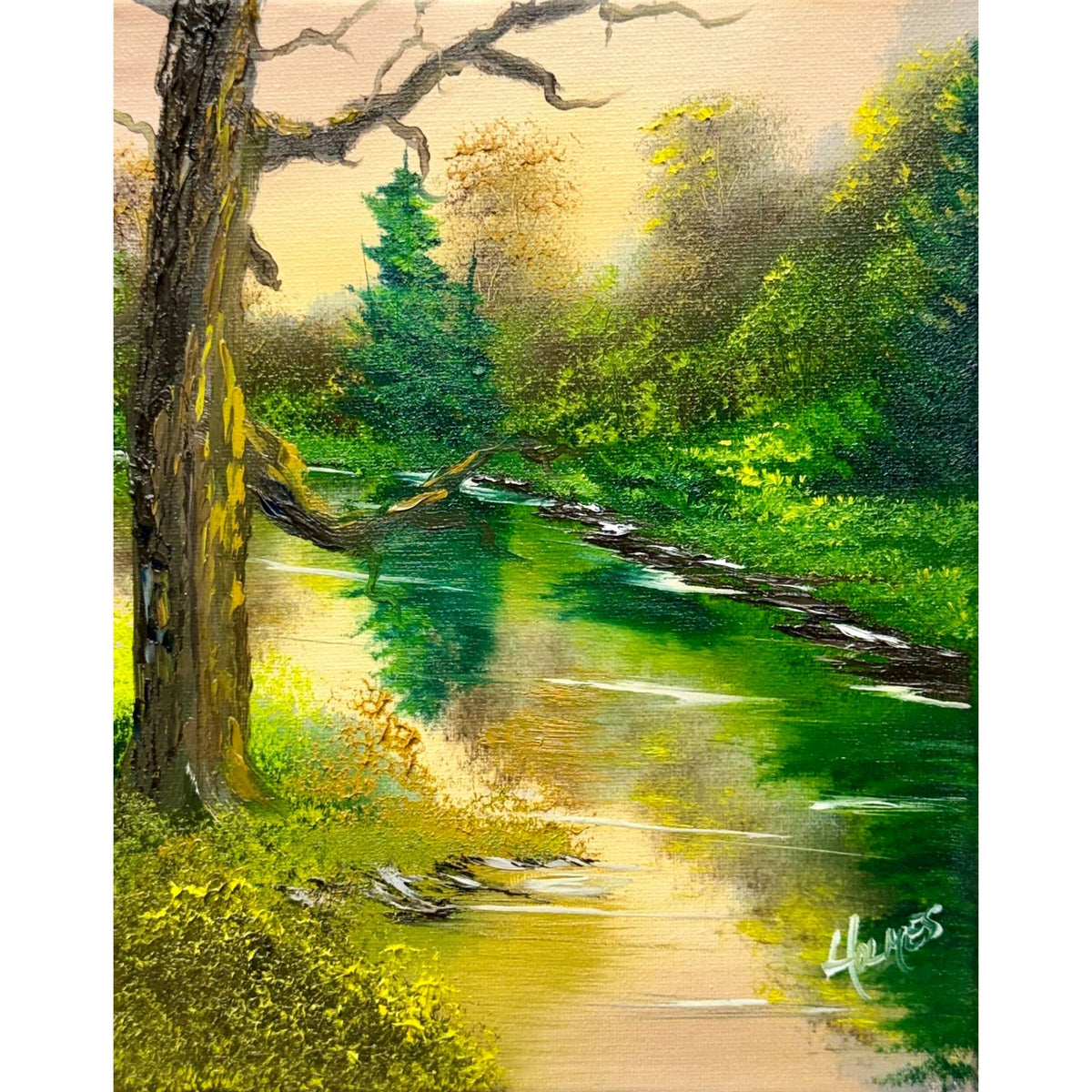 Sunlit woodland river with lush green foliage, a weathered tree and golden reflections on the water, original 8x10 oil painting on canvas.