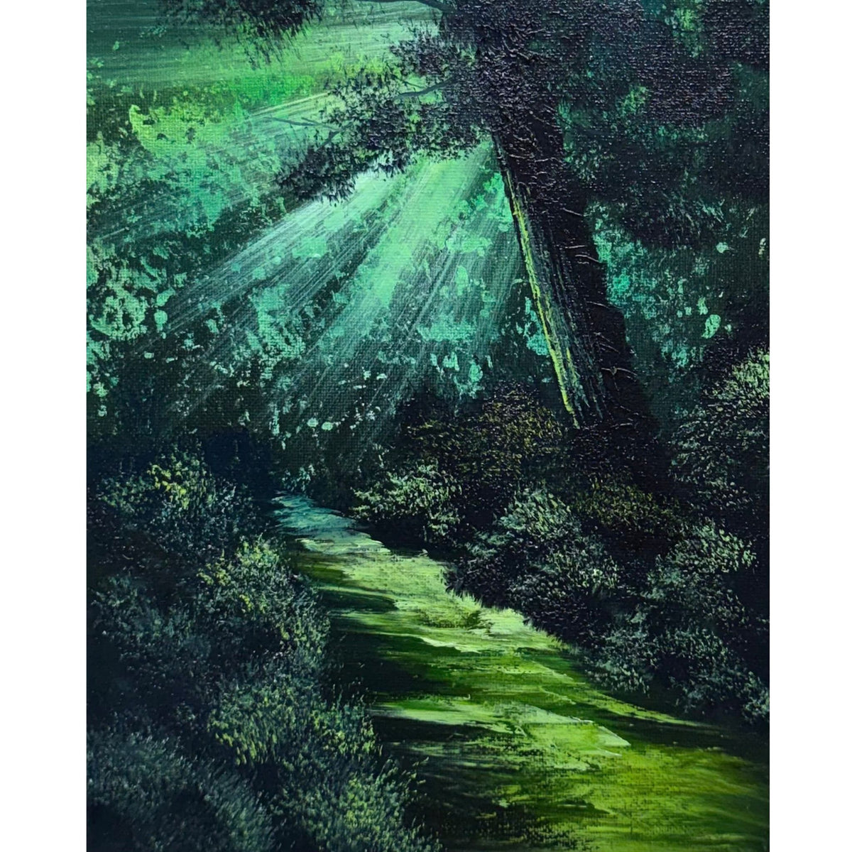 Sunbeams breaking through a dark green forest canopy onto a bright green woodland path, original 8x10 landscape oil painting on canvas.