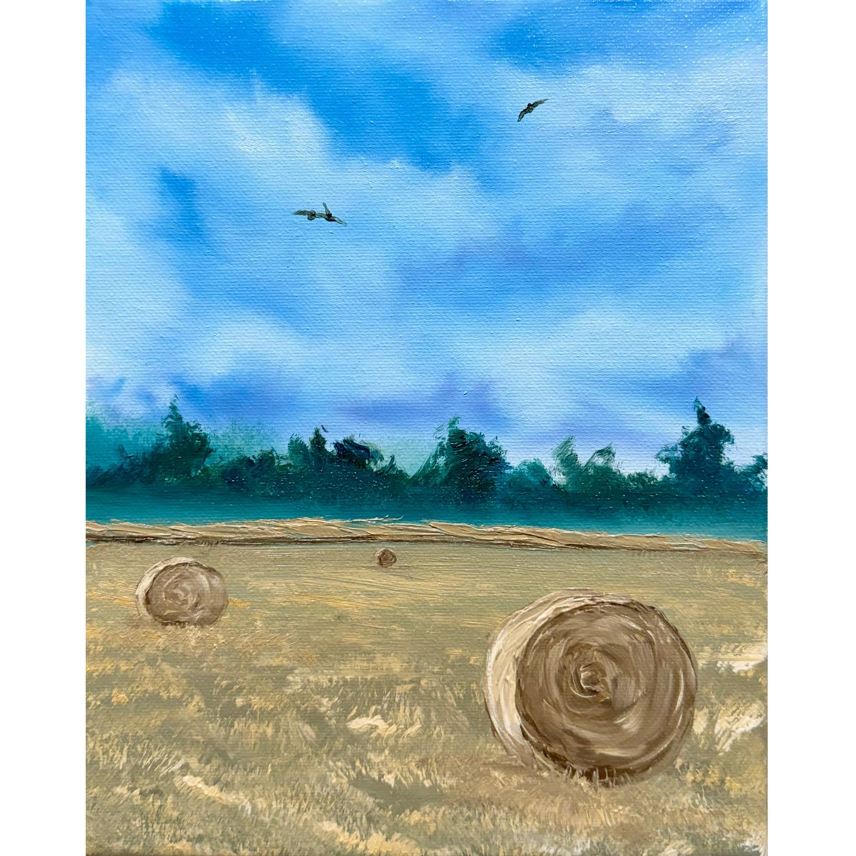 Round hay bales scattered across a golden field beneath a bright blue sky with birds overhead, original 8x10 oil painting on canvas.