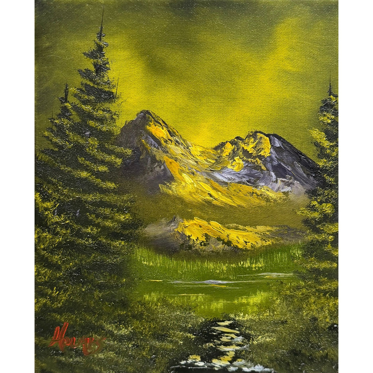 Rugged mountain glowing with golden light above a winding stream surrounded by deep green forest, original 8x10 oil painting on canvas.