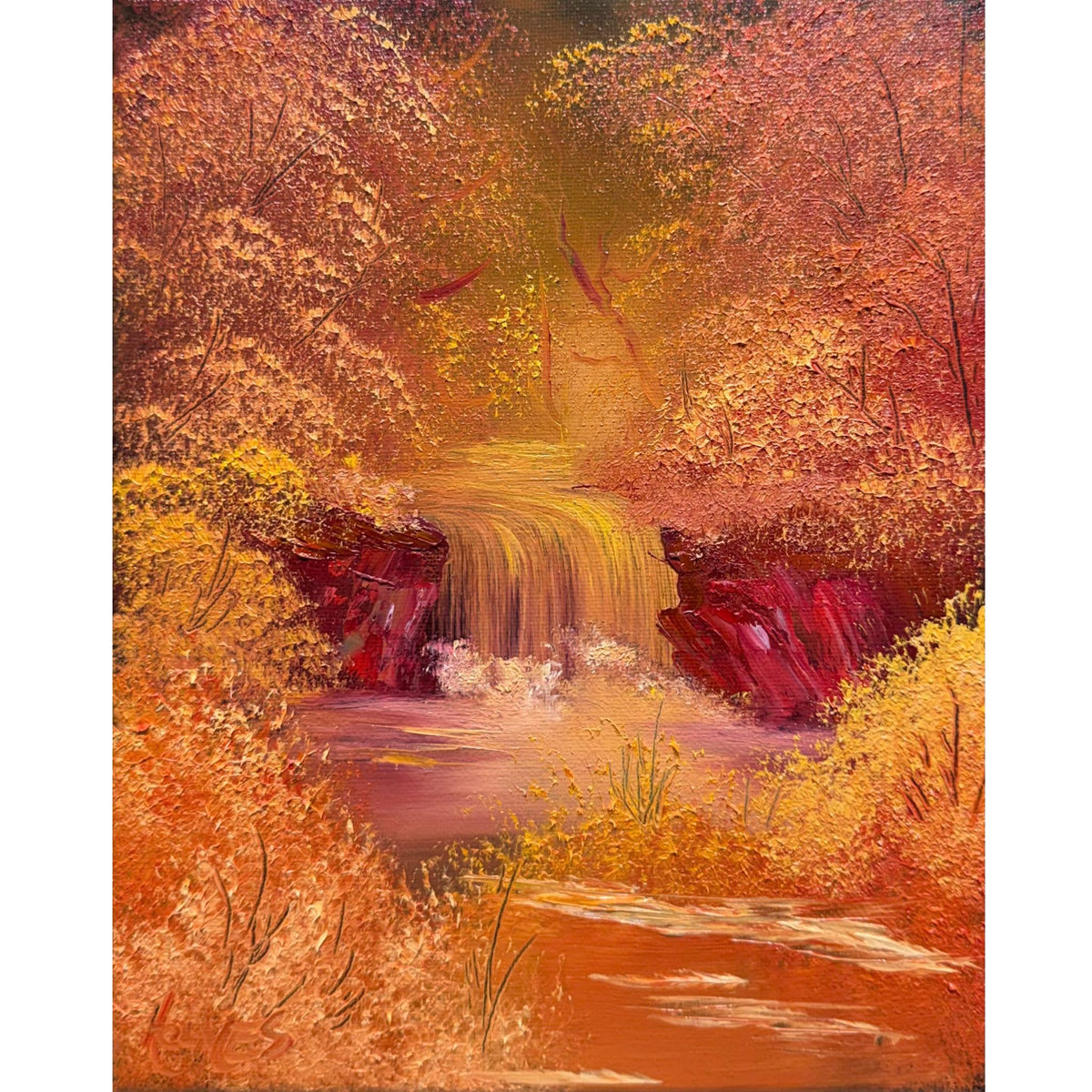 Golden autumn forest with copper trees, berry-red rocks and a softly glowing waterfall, original 8x10 fall landscape oil painting on canvas.
