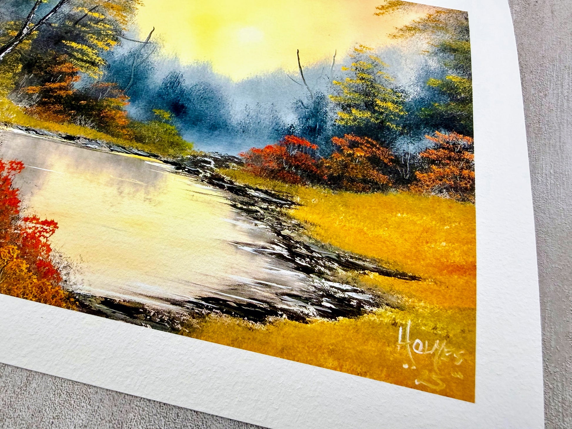 detail form the landscape painting with a river and trees on a textured surface