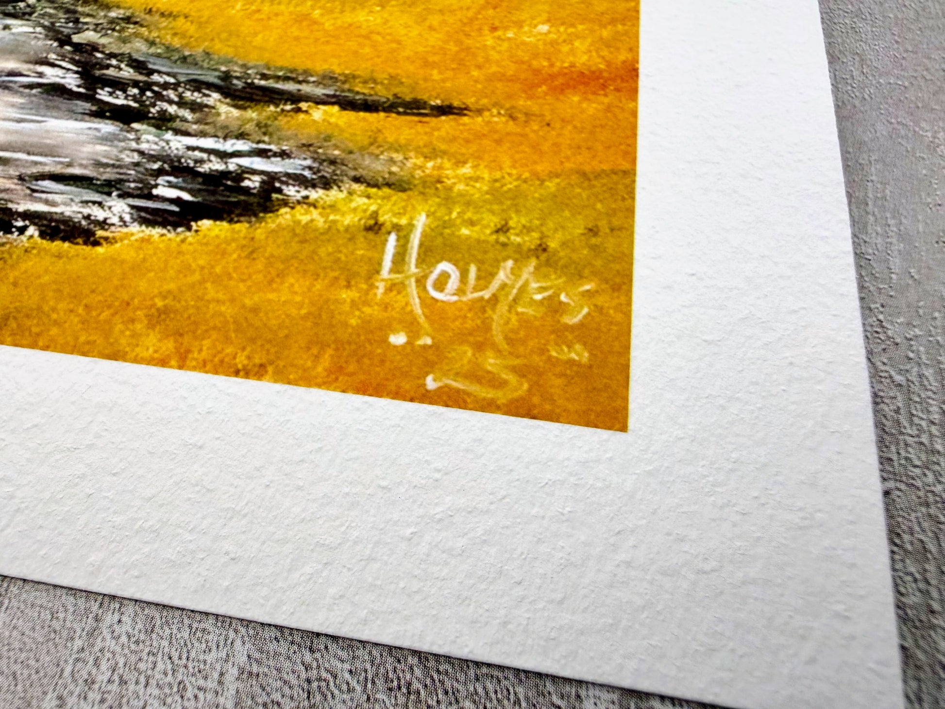 print detail with yellow, black, and white on a textured surface